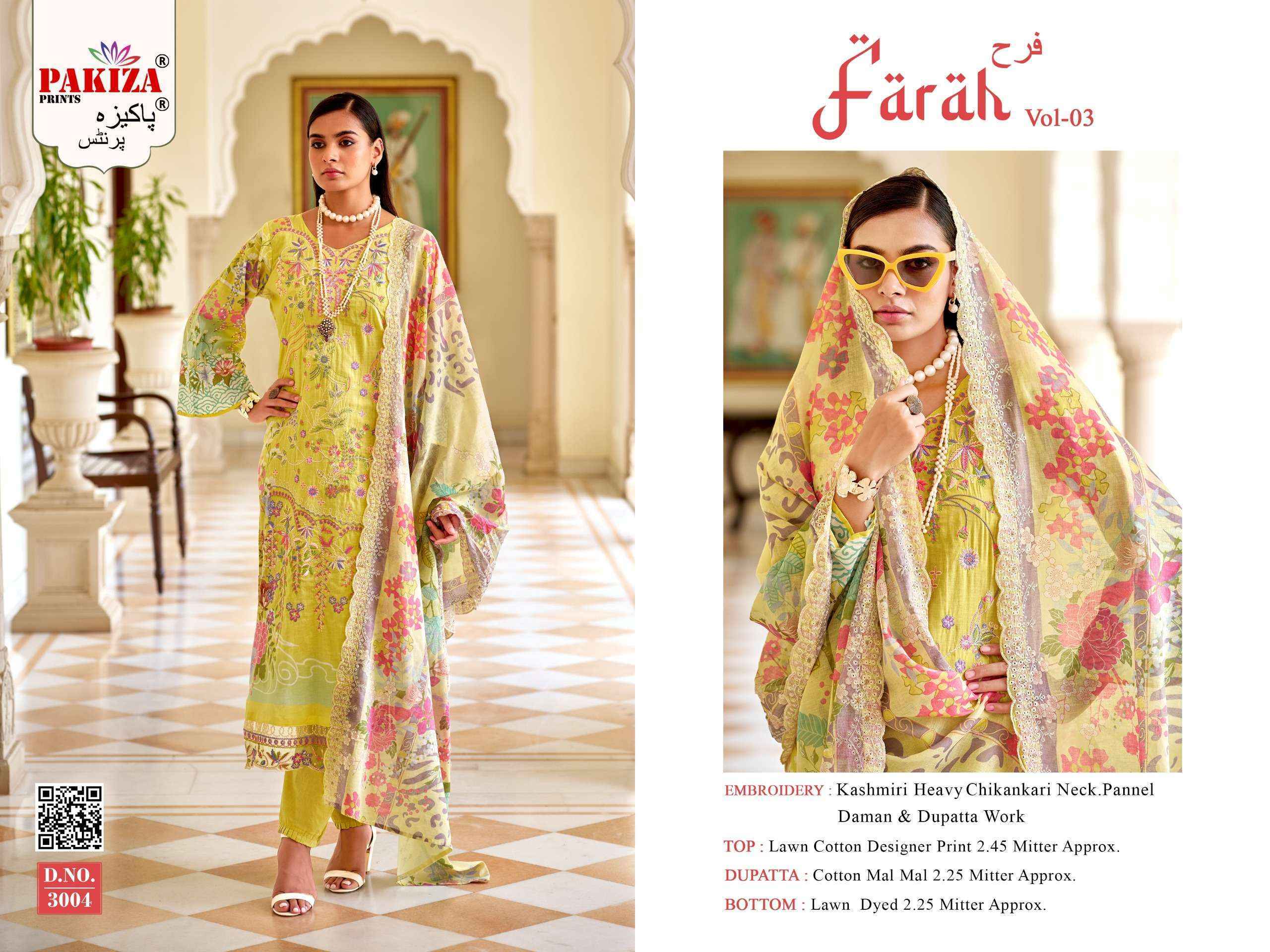 Pakiza Prints Farah Vol 3 Lawn Cotton Dress Material Wholesale Surat ( 8 pcs Catalogue )