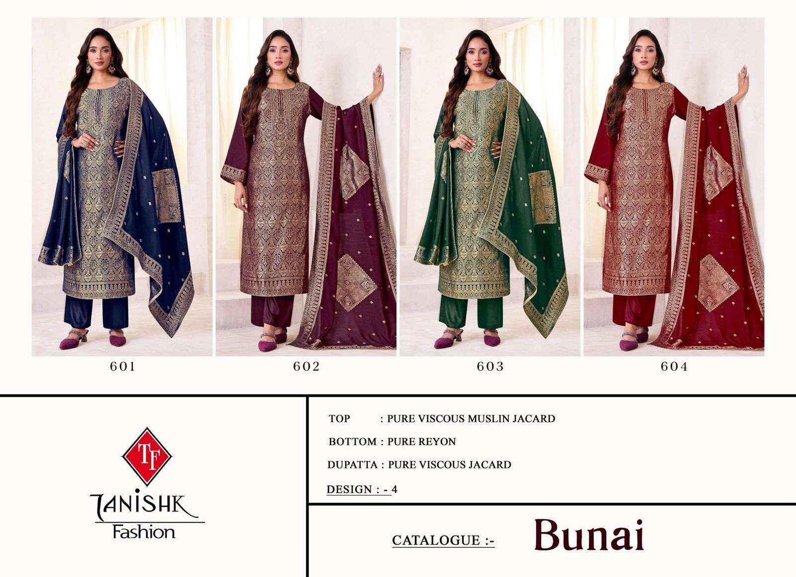 Tanishk Bunai Pure Muslin Jacquard Designer Suit Wholesale Price ( 4 Pcs Catalog )