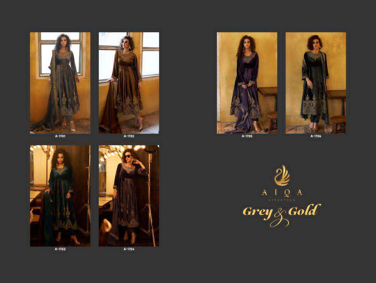 Aiqa Grey And Gold Partywear Style Velvet Latest Designer Suit Wholesale Price ( 6 Pcs Catalog )