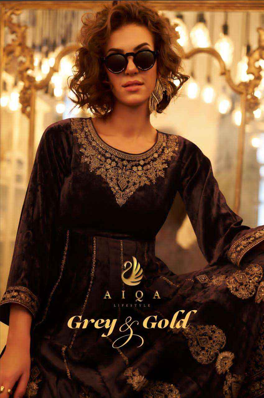 Aiqa Grey And Gold Partywear Style Velvet Latest Designer Suit Wholesale Price ( 6 Pcs Catalog )