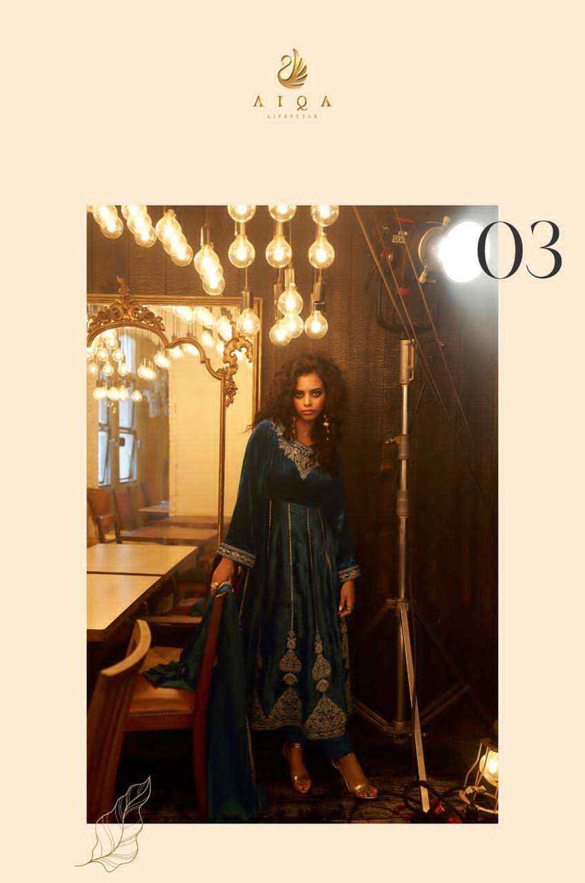 Aiqa Grey And Gold Partywear Style Velvet Latest Designer Suit Wholesale Price ( 6 Pcs Catalog )
