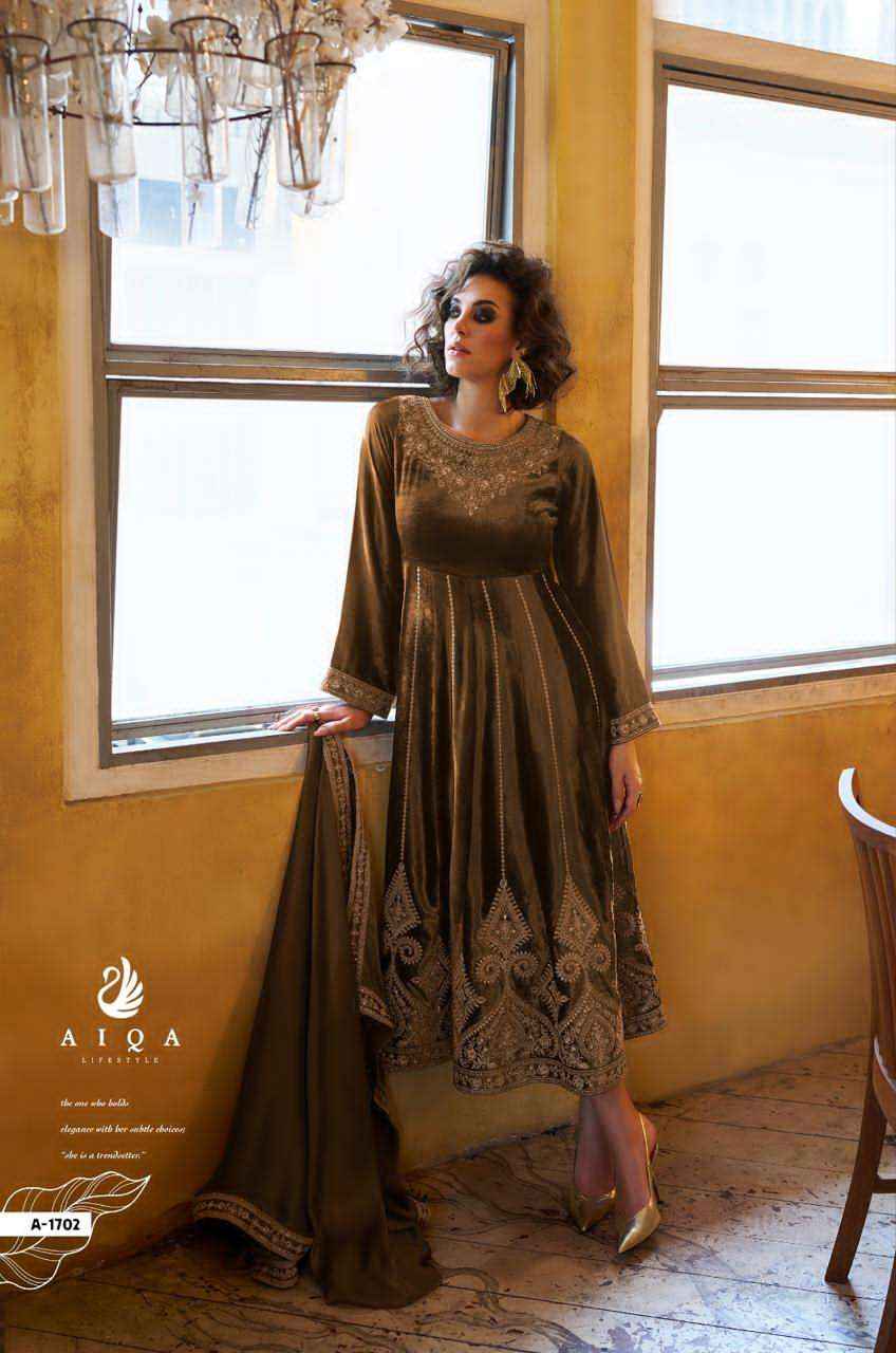 Aiqa Grey And Gold Partywear Style Velvet Latest Designer Suit Wholesale Price ( 6 Pcs Catalog )