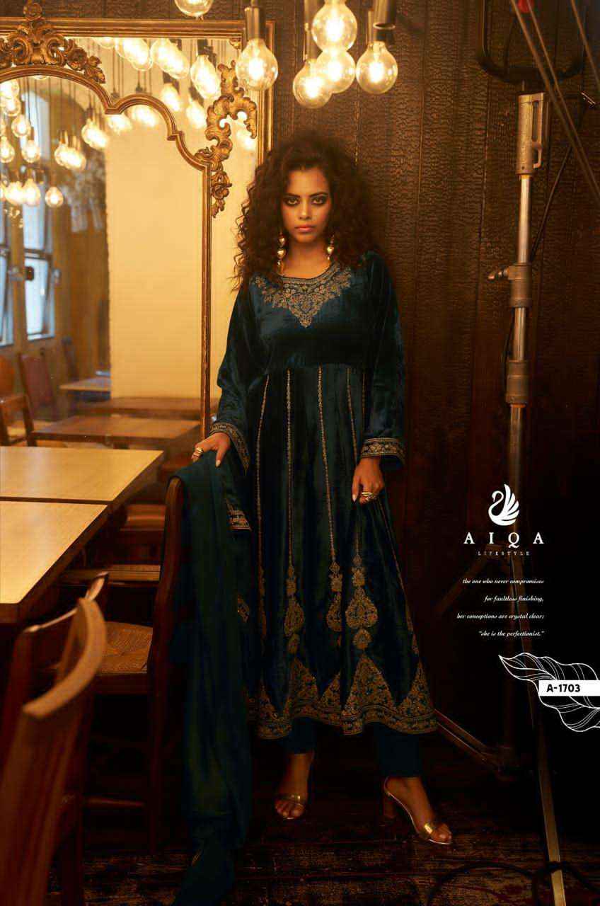 Aiqa Grey And Gold Partywear Style Velvet Latest Designer Suit Wholesale Price ( 6 Pcs Catalog )