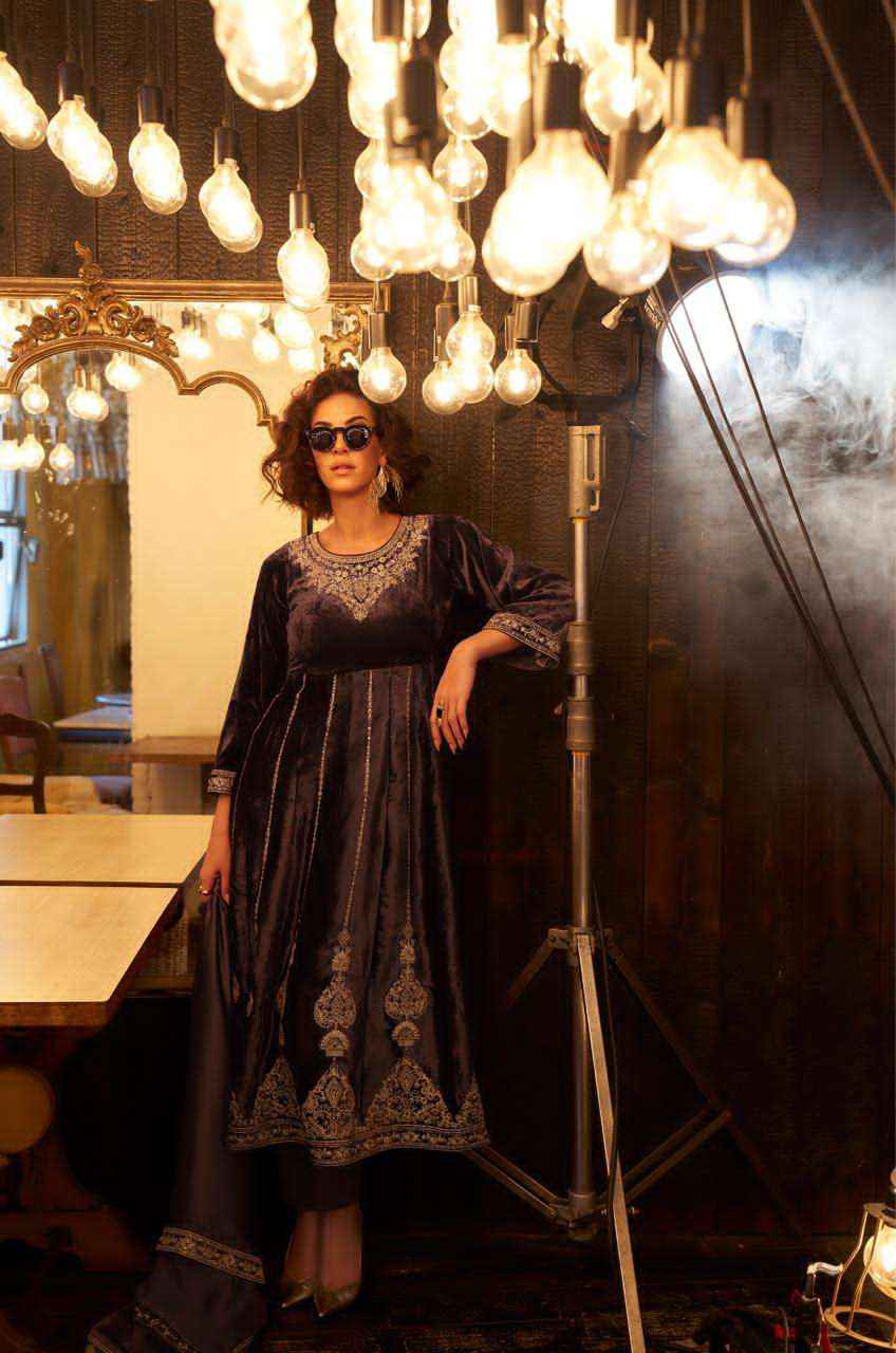 Aiqa Grey And Gold Partywear Style Velvet Latest Designer Suit Wholesale Price ( 6 Pcs Catalog )