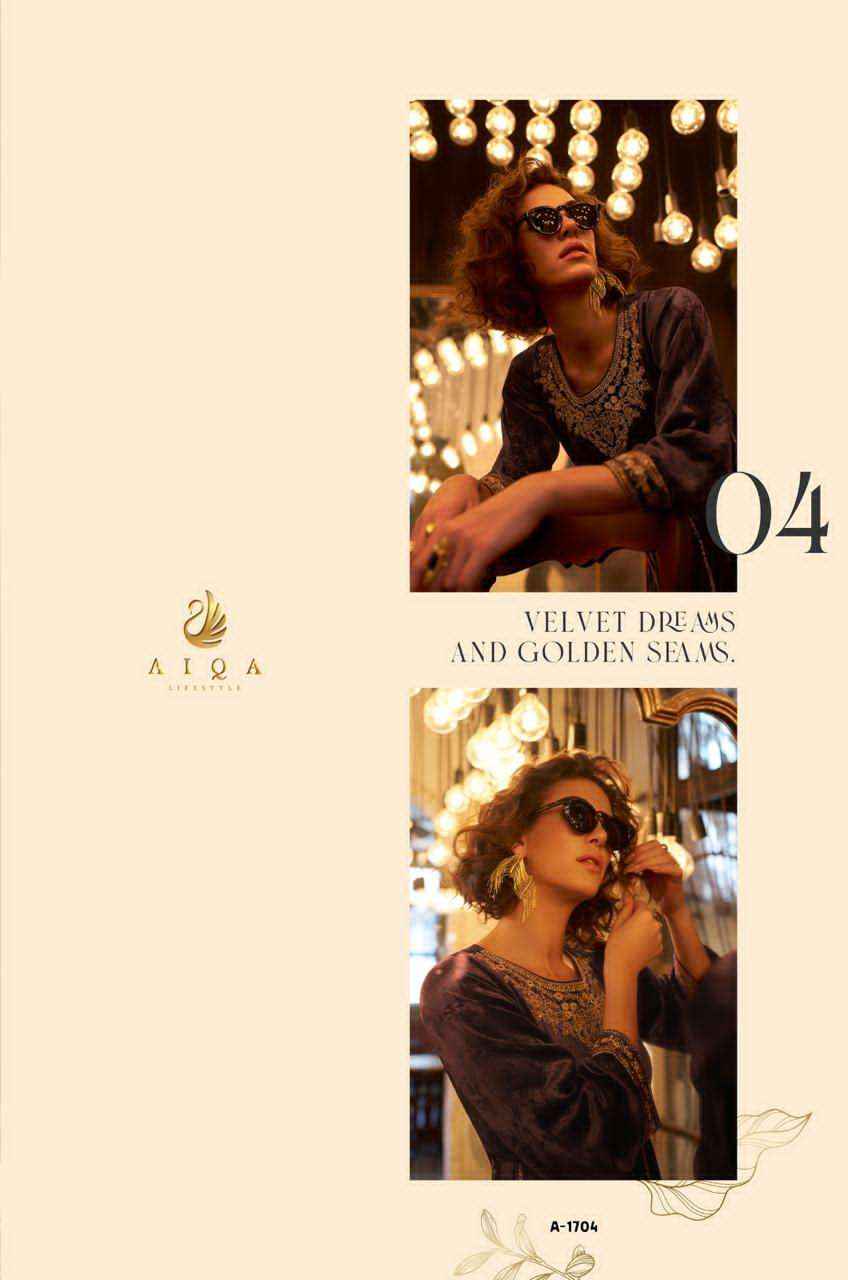 Aiqa Grey And Gold Partywear Style Velvet Latest Designer Suit Wholesale Price ( 6 Pcs Catalog )