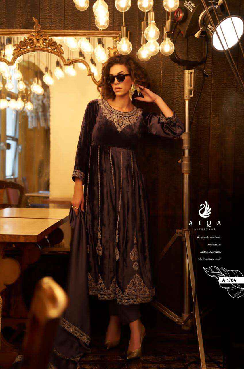 Aiqa Grey And Gold Partywear Style Velvet Latest Designer Suit Wholesale Price ( 6 Pcs Catalog )