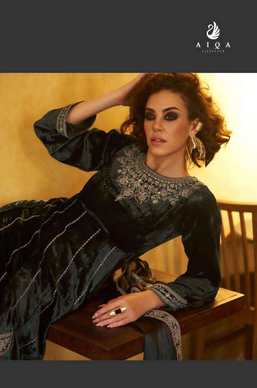 Aiqa Grey And Gold Partywear Style Velvet Latest Designer Suit Wholesale Price ( 6 Pcs Catalog )