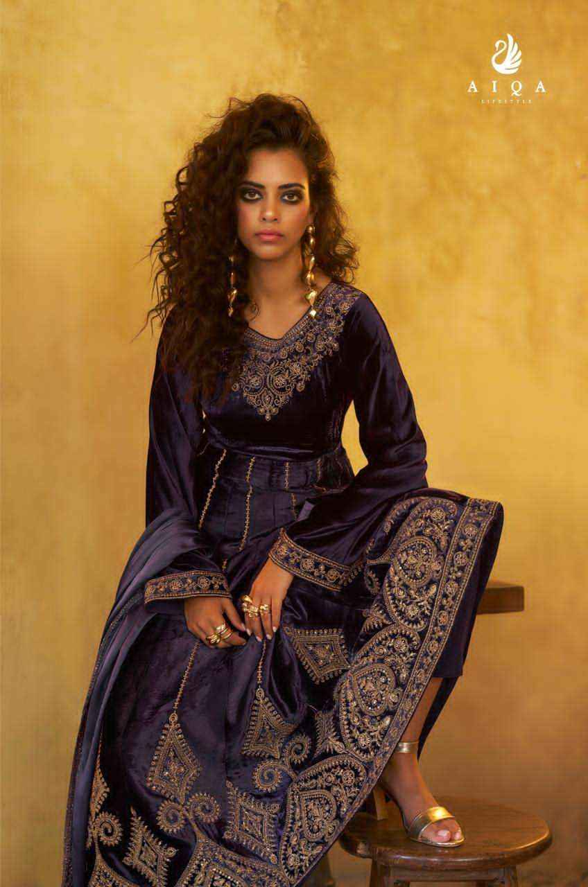 Aiqa Grey And Gold Partywear Style Velvet Latest Designer Suit Wholesale Price ( 6 Pcs Catalog )