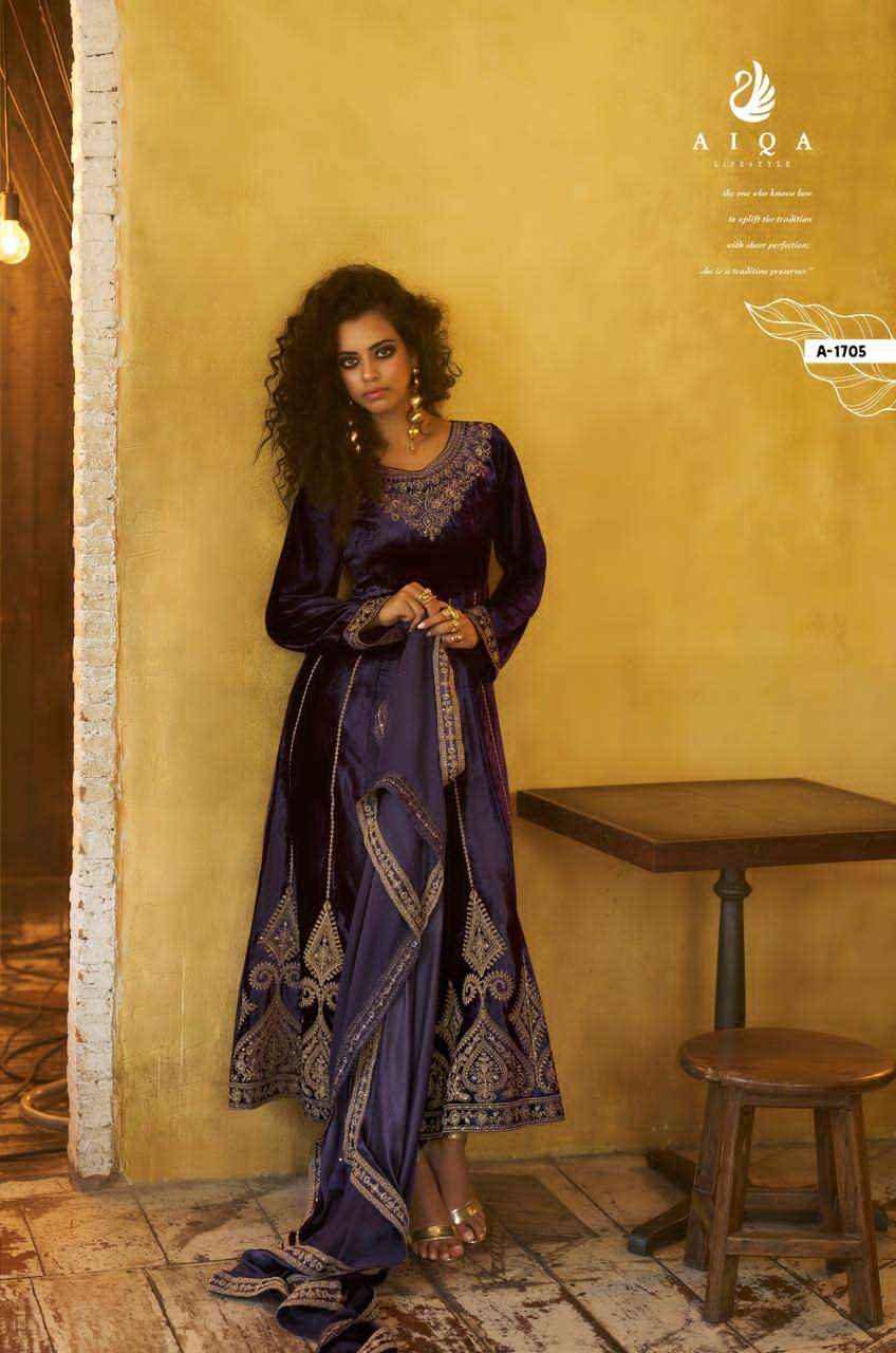 Aiqa Grey And Gold Partywear Style Velvet Latest Designer Suit Wholesale Price ( 6 Pcs Catalog )