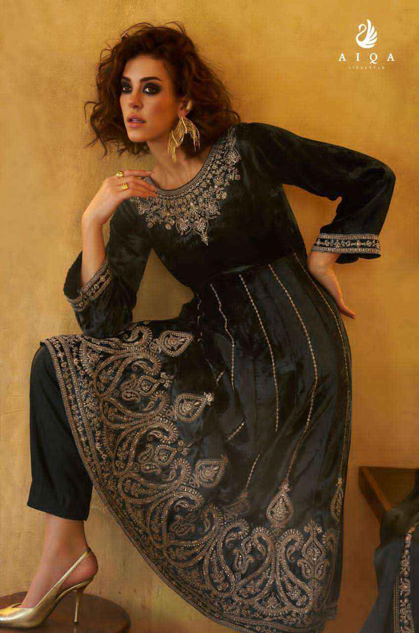 Aiqa Grey And Gold Partywear Style Velvet Latest Designer Suit Wholesale Price ( 6 Pcs Catalog )