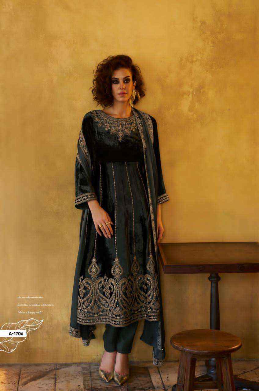 Aiqa Grey And Gold Partywear Style Velvet Latest Designer Suit Wholesale Price ( 6 Pcs Catalog )