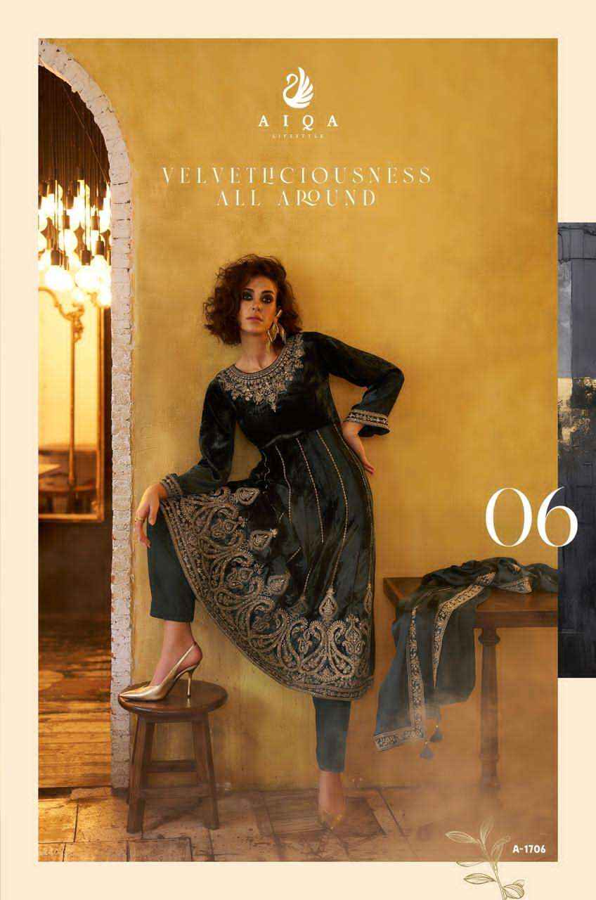 Aiqa Grey And Gold Partywear Style Velvet Latest Designer Suit Wholesale Price ( 6 Pcs Catalog )