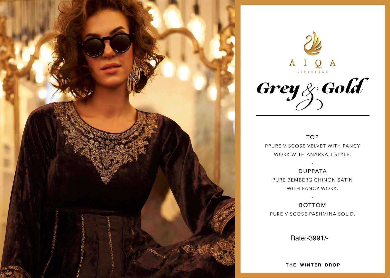 Aiqa Grey And Gold Partywear Style Velvet Latest Designer Suit Wholesale Price ( 6 Pcs Catalog )