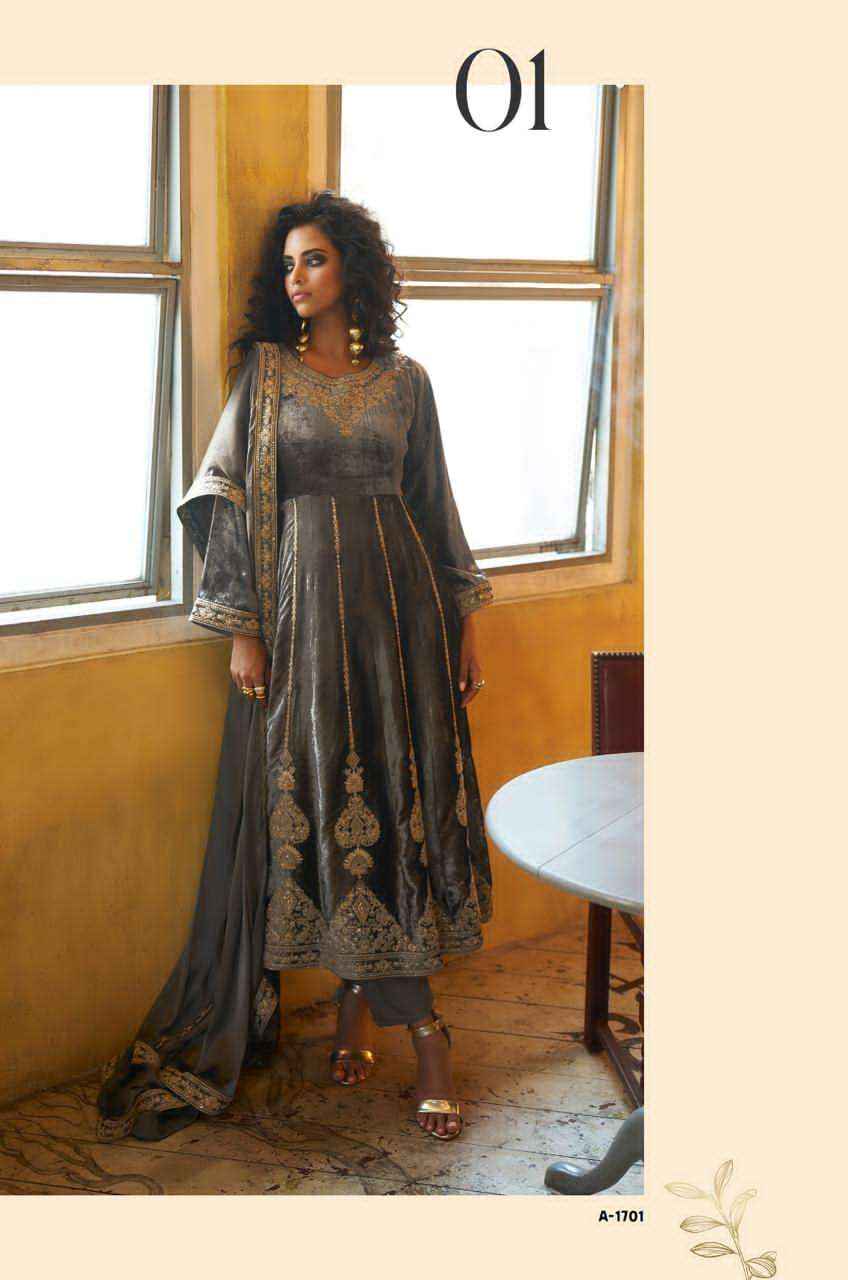 Aiqa Grey And Gold Partywear Style Velvet Latest Designer Suit Wholesale Price ( 6 Pcs Catalog )