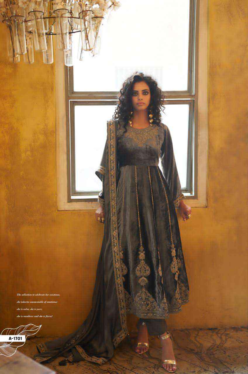 Aiqa Grey And Gold Partywear Style Velvet Latest Designer Suit Wholesale Price ( 6 Pcs Catalog )