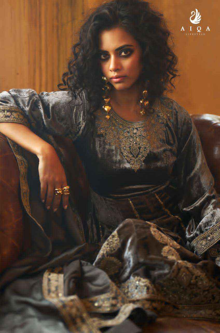 Aiqa Grey And Gold Partywear Style Velvet Latest Designer Suit Wholesale Price ( 6 Pcs Catalog )