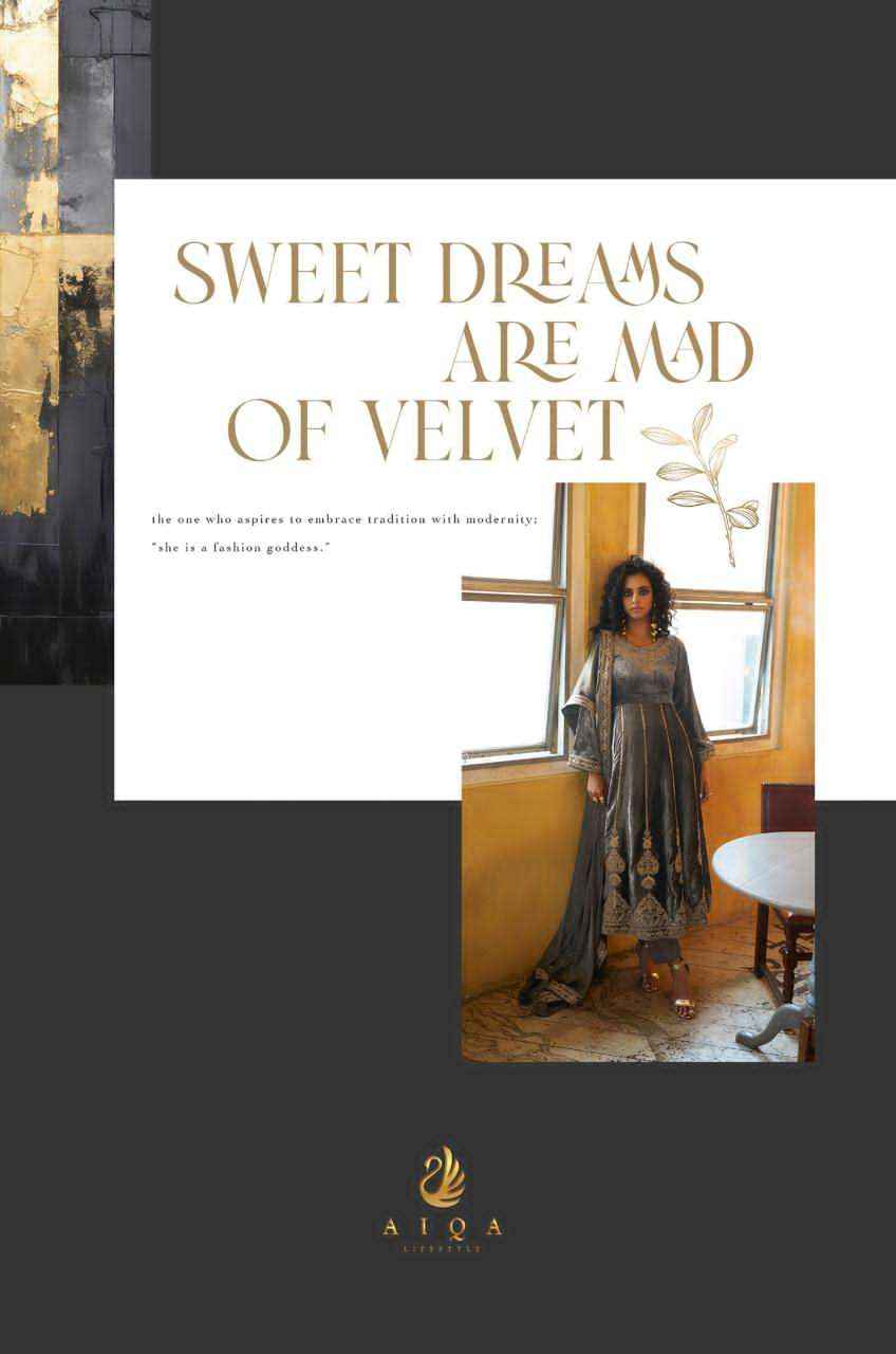 Aiqa Grey And Gold Partywear Style Velvet Latest Designer Suit Wholesale Price ( 6 Pcs Catalog )