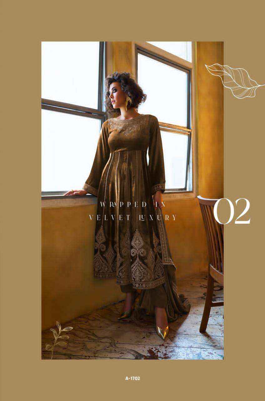 Aiqa Grey And Gold Partywear Style Velvet Latest Designer Suit Wholesale Price ( 6 Pcs Catalog )