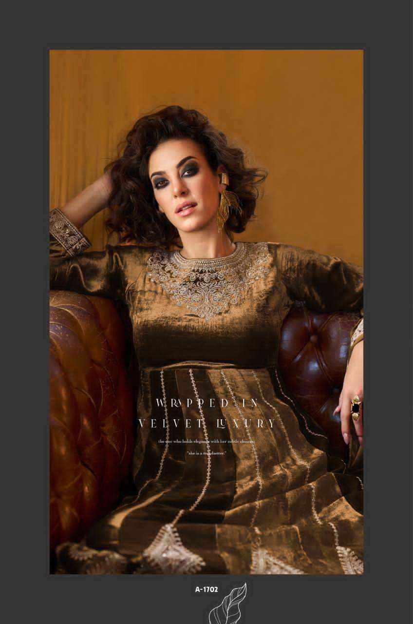 Aiqa Grey And Gold Partywear Style Velvet Latest Designer Suit Wholesale Price ( 6 Pcs Catalog )