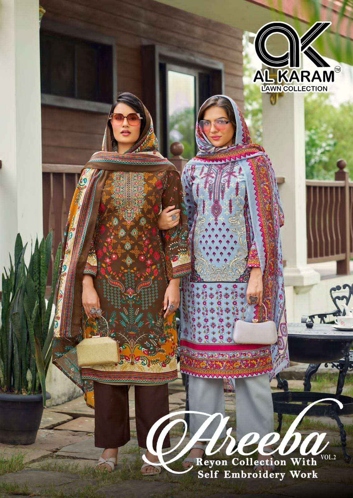 Al Karam Areeba Vol 2 Designer Printed Rayon Cotton Dress Material Wholesale Price ( 6 Pcs Catalog )