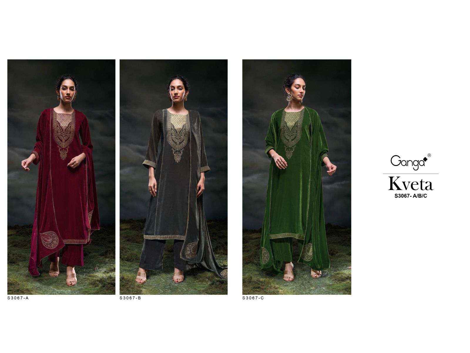 Ganga Fashion Kveta 3067 Premium Designs Velvet Suit  Wholesale Price ( 3 Pcs Catalog )