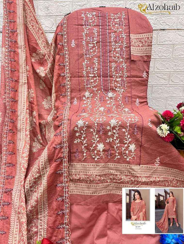 AL ZOHAIB DESIGN NO - 1179 PURE COTTON PRINT HEAVY EMBROIDERED PATCH PAKISTANI SALWAR SUIT