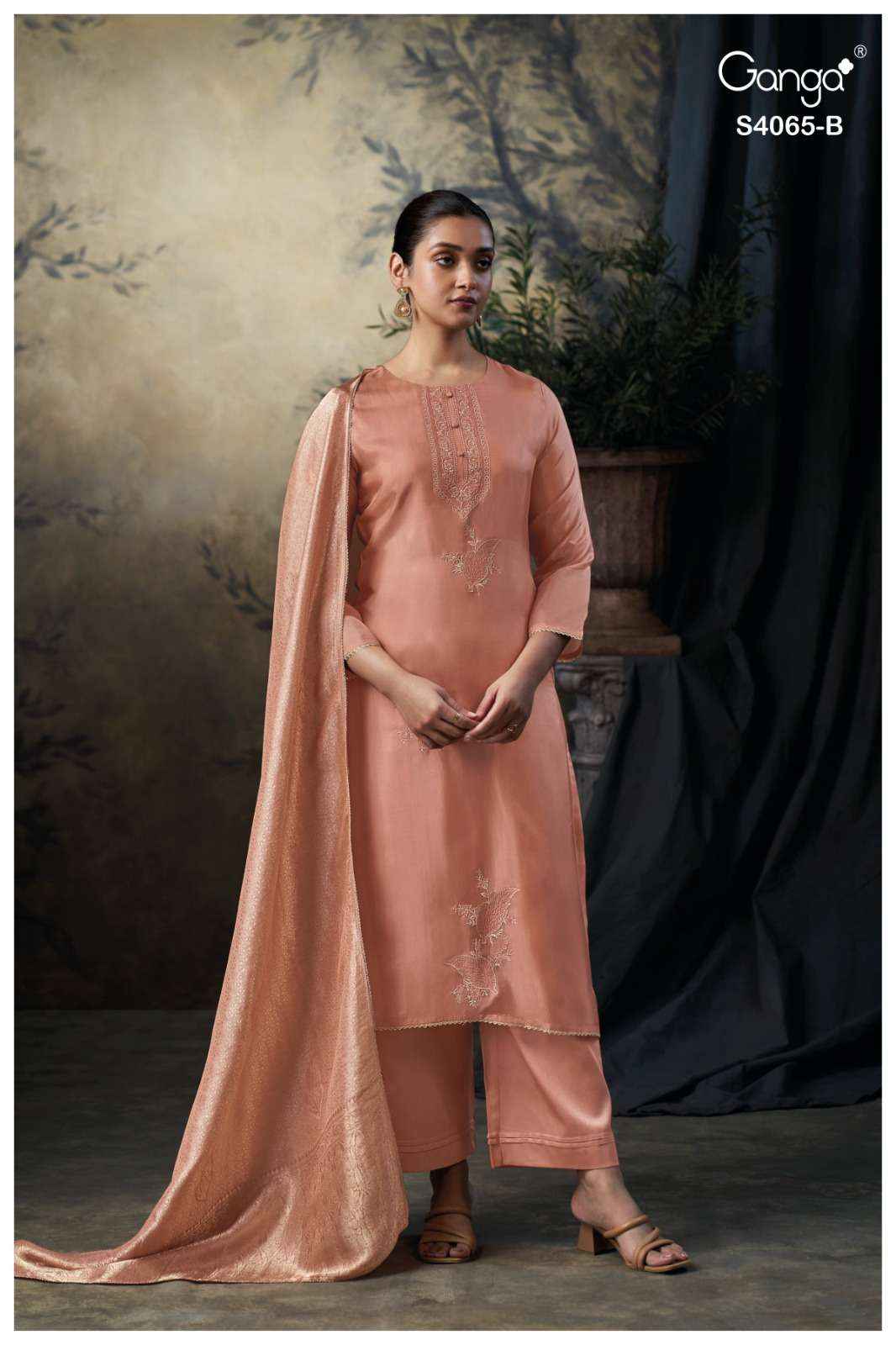 Ganga Fashion Cate 4065 Pure Bemberg Silk Designer Suit Catalog Supplier