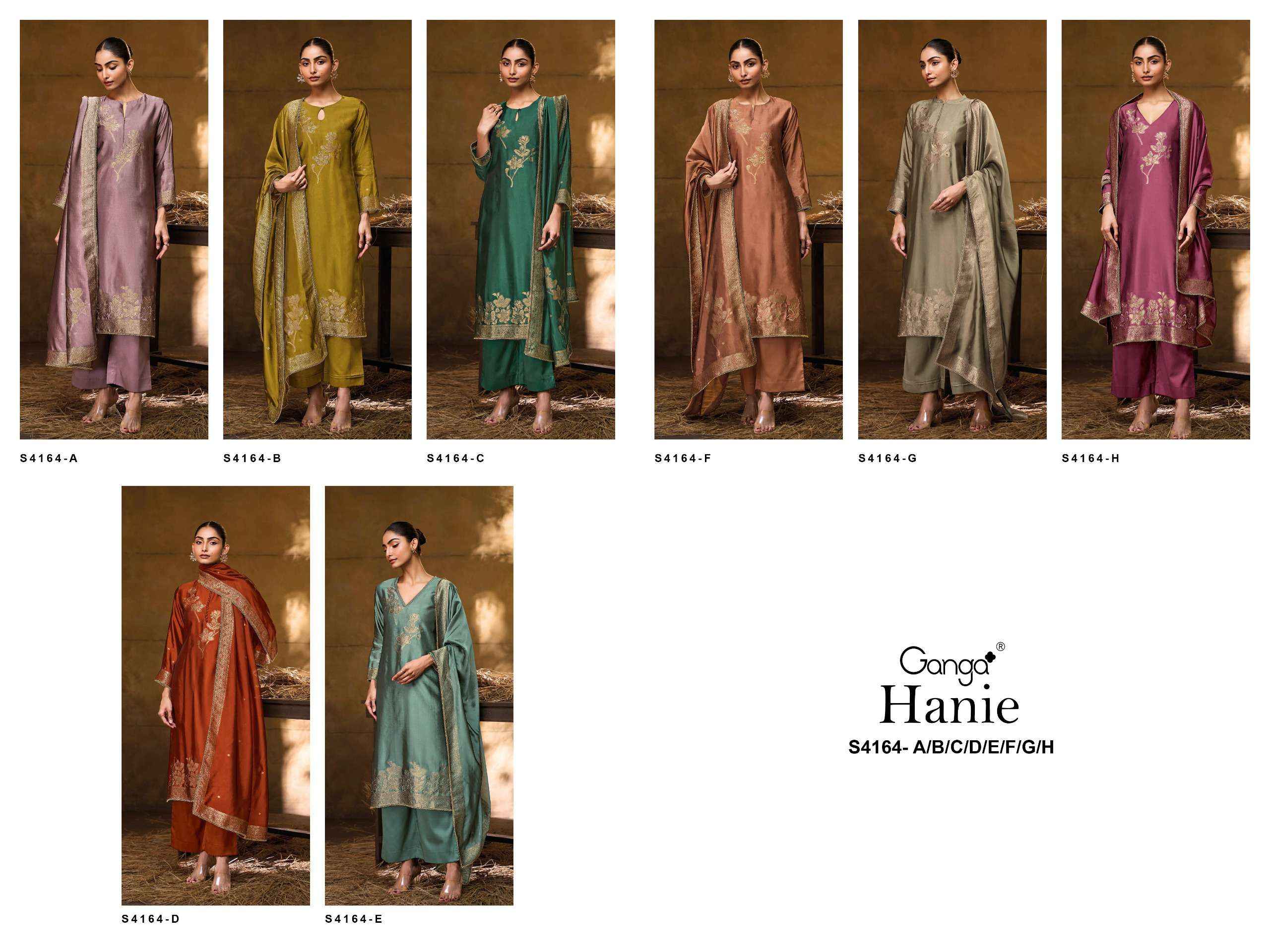 Ganga Fashion Hanie 4164 Partywear Style Silk Designer Suit Wholesale Price ( 8 Pcs Catalog )