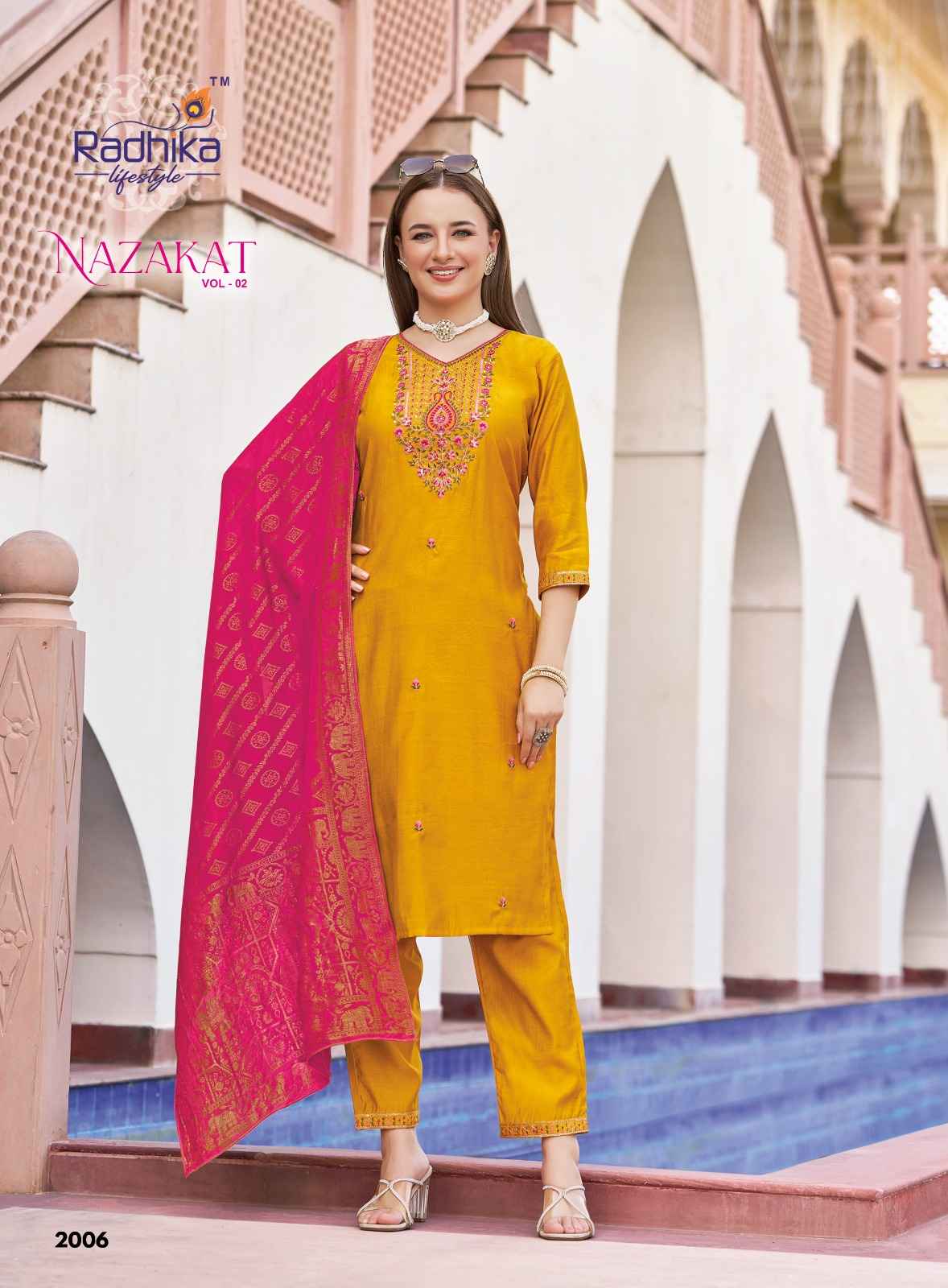 Radhika Nazakat Vol 2 Vertican Silk Embroidery Top Bottom And Dupatta Set Collection ( 6 Pcs Catalog )