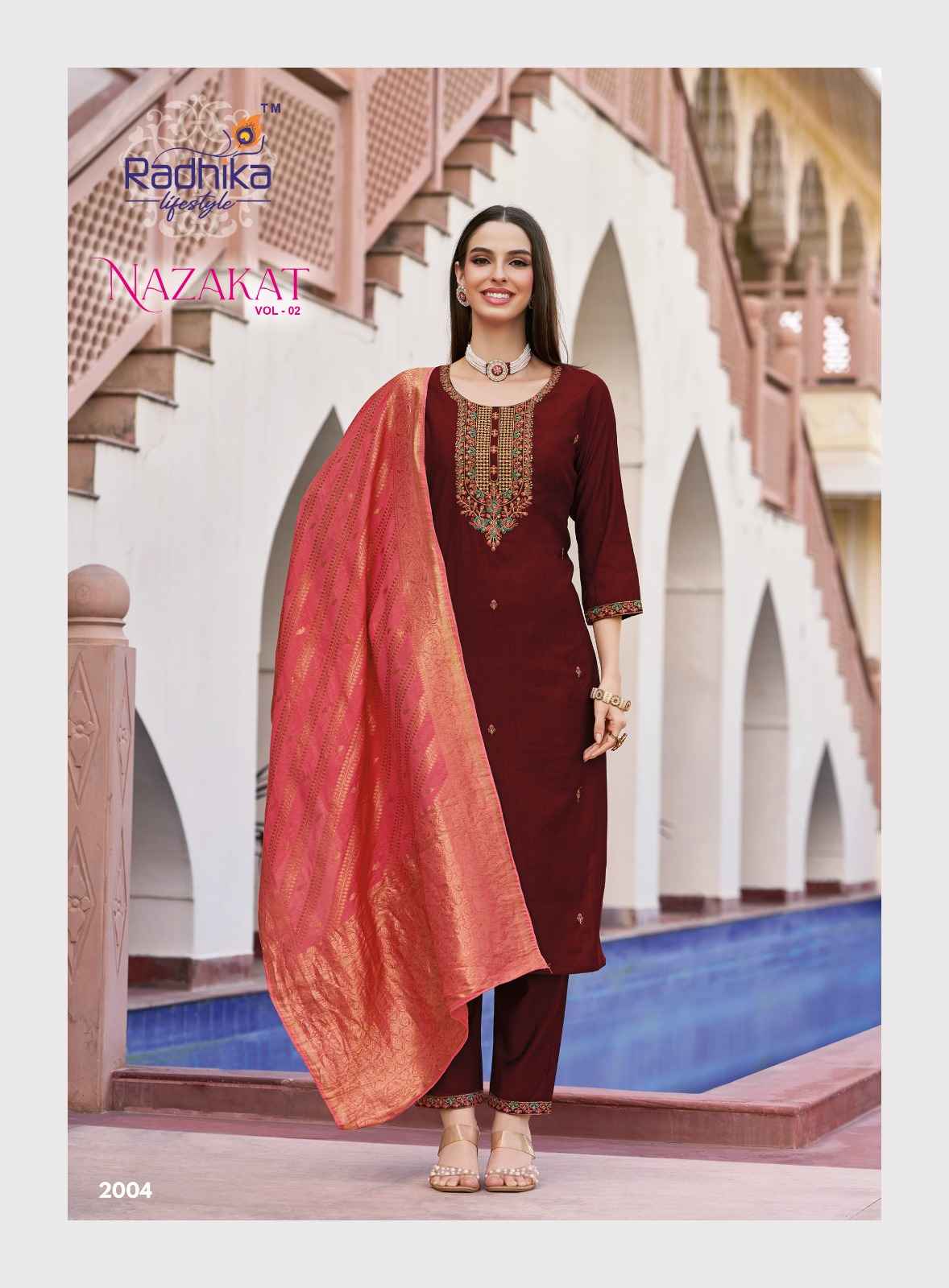 Radhika Nazakat Vol 2 Vertican Silk Embroidery Top Bottom And Dupatta Set Collection ( 6 Pcs Catalog )