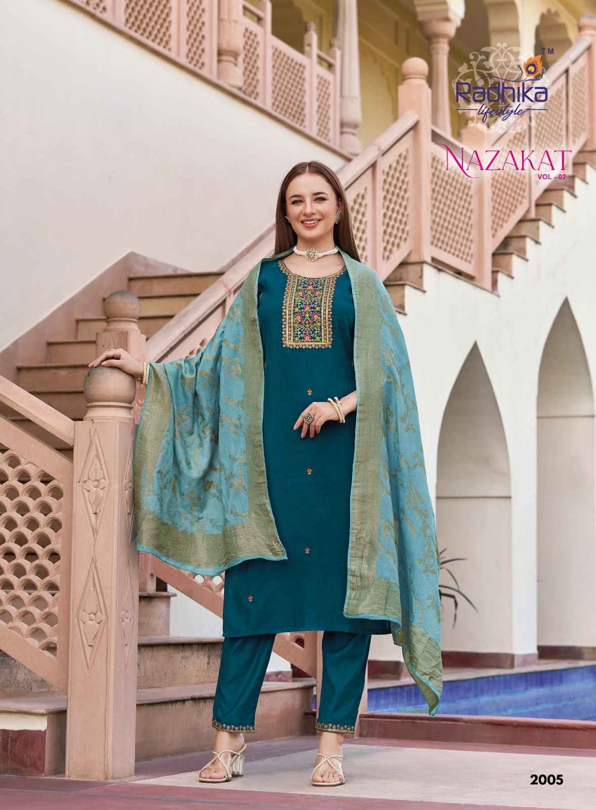 Radhika Nazakat Vol 2 Vertican Silk Embroidery Top Bottom And Dupatta Set Collection ( 6 Pcs Catalog )