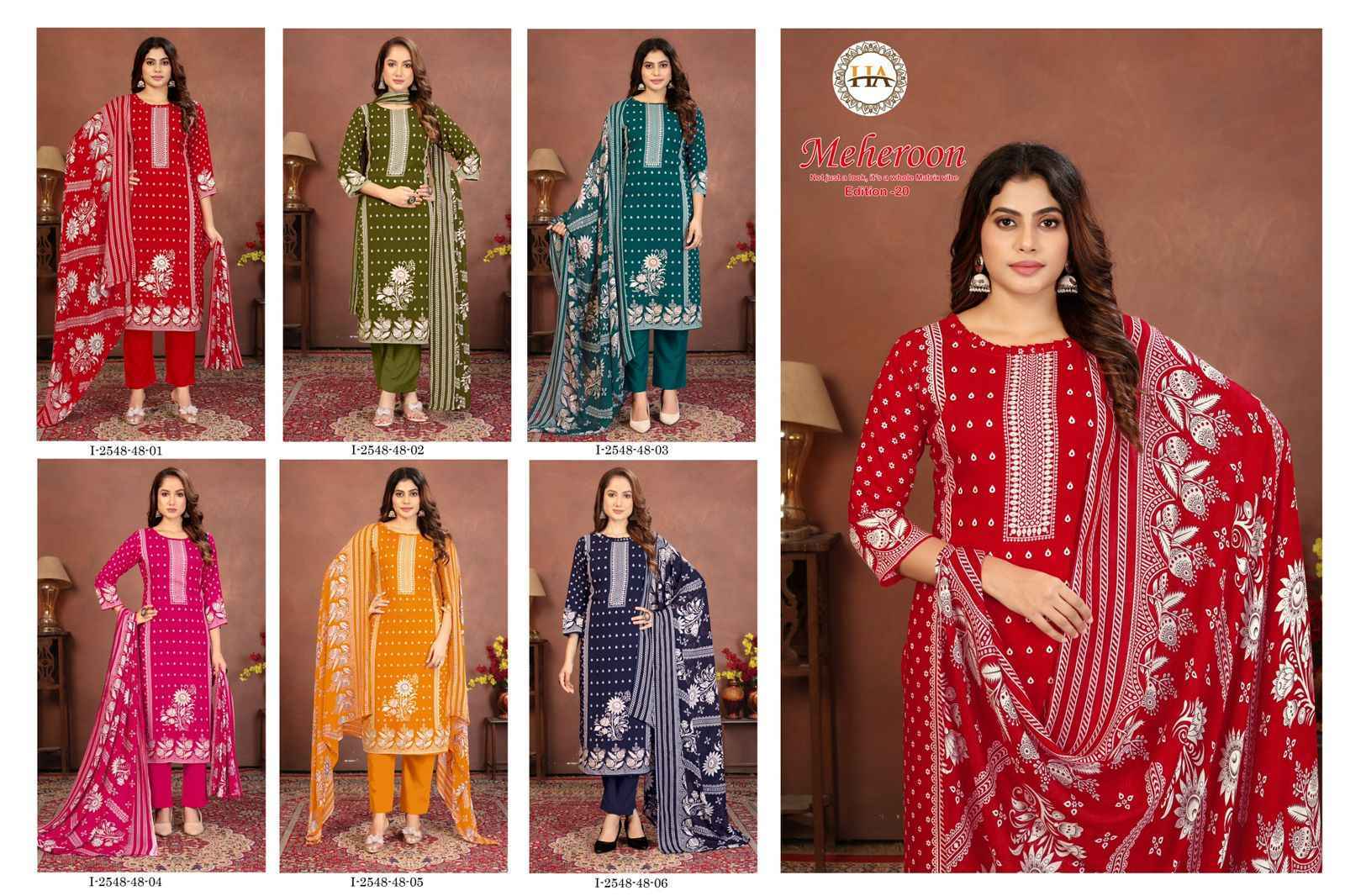Harshit Fashion Meheroon Edition 20 Viscouse Reyon Dress Material Collection ( 6 Pcs Catalog )