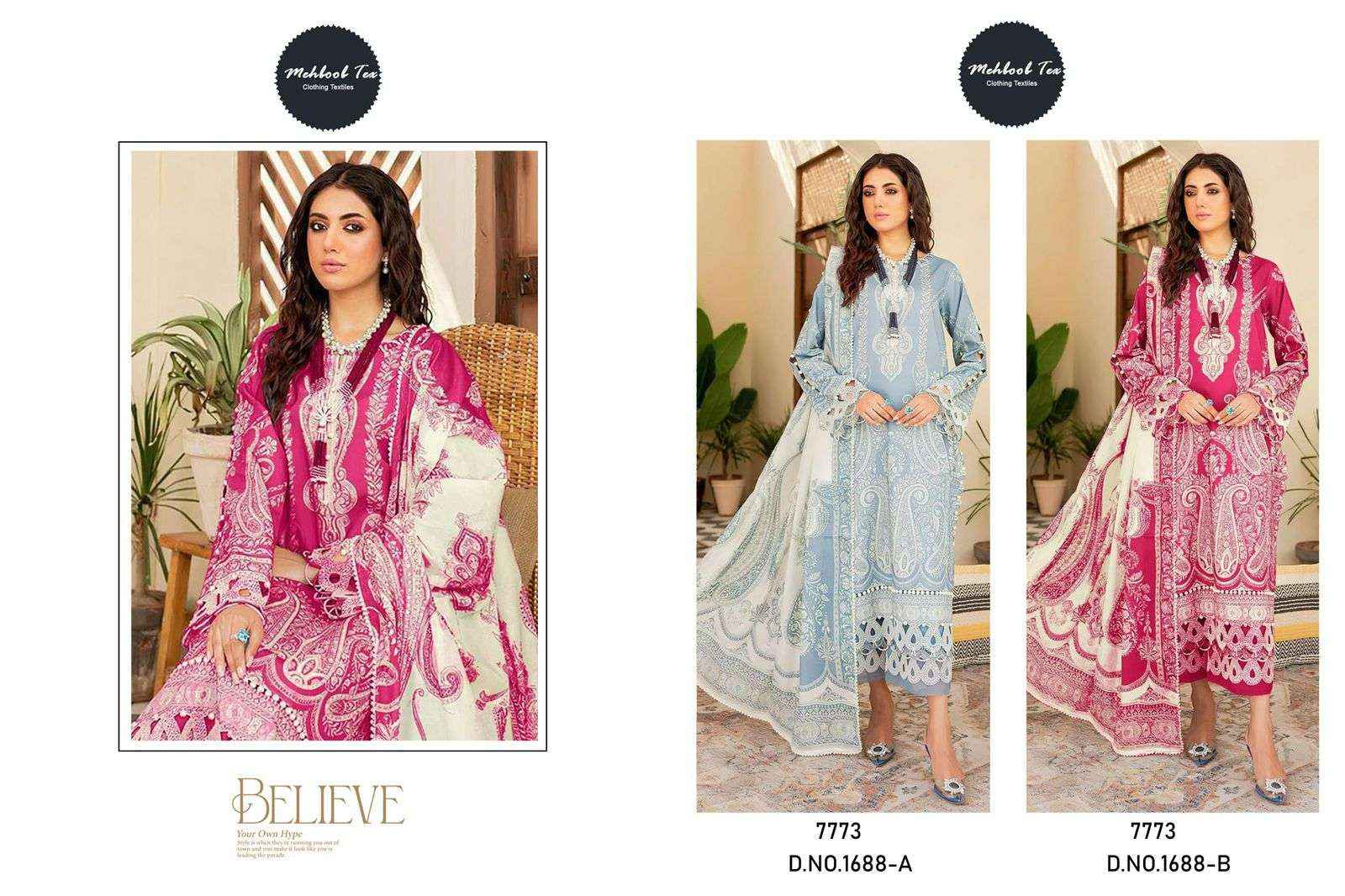 MEHBOOB TEX DESIGN NO - 1688 AB PURE COTTON PRINT EMBROIDERED WORK PATCH PAKISTANI SUIT