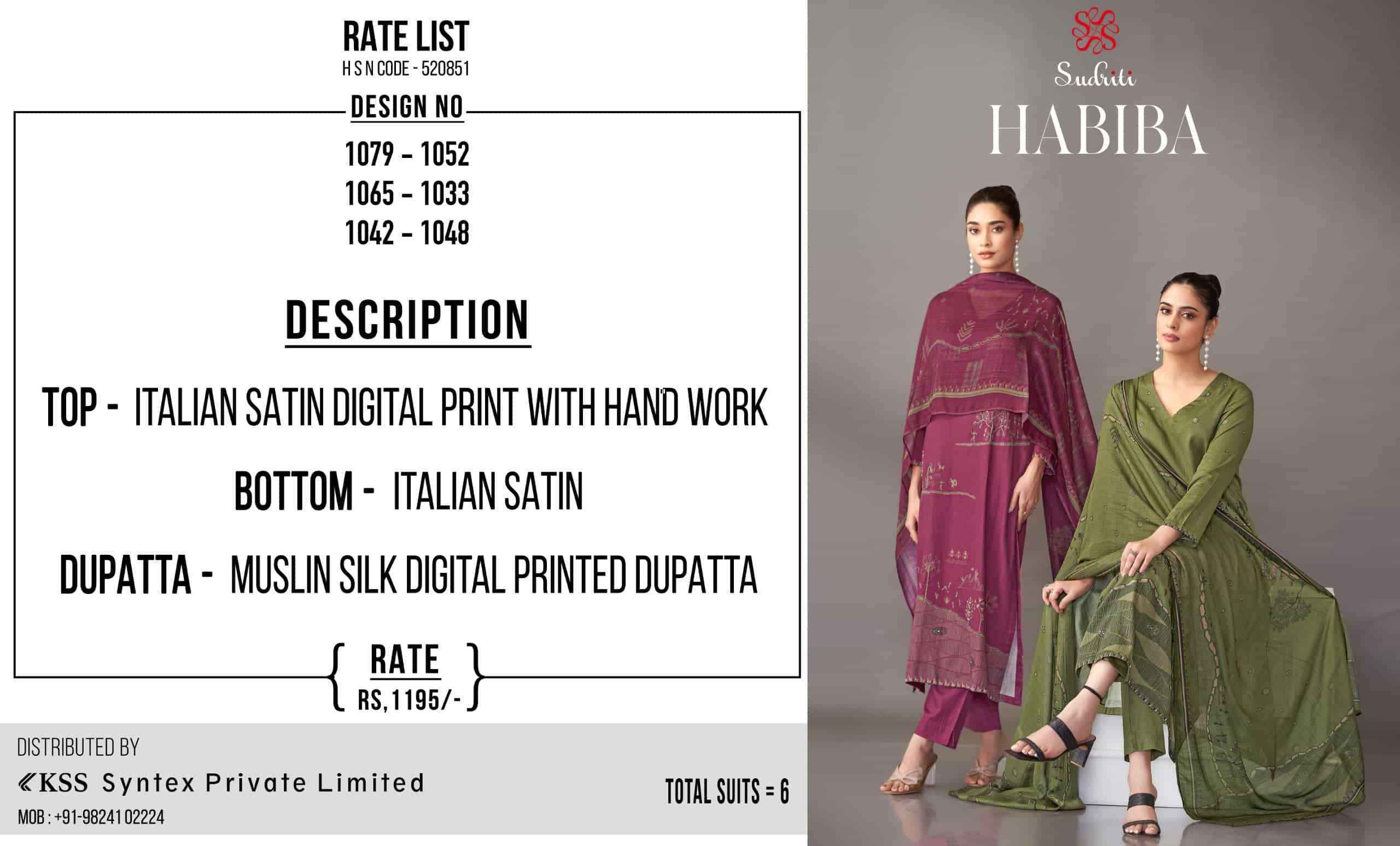 Sudriti Habiba Italian Satin Dress Material Collection ( 6 Pcs Catalog )