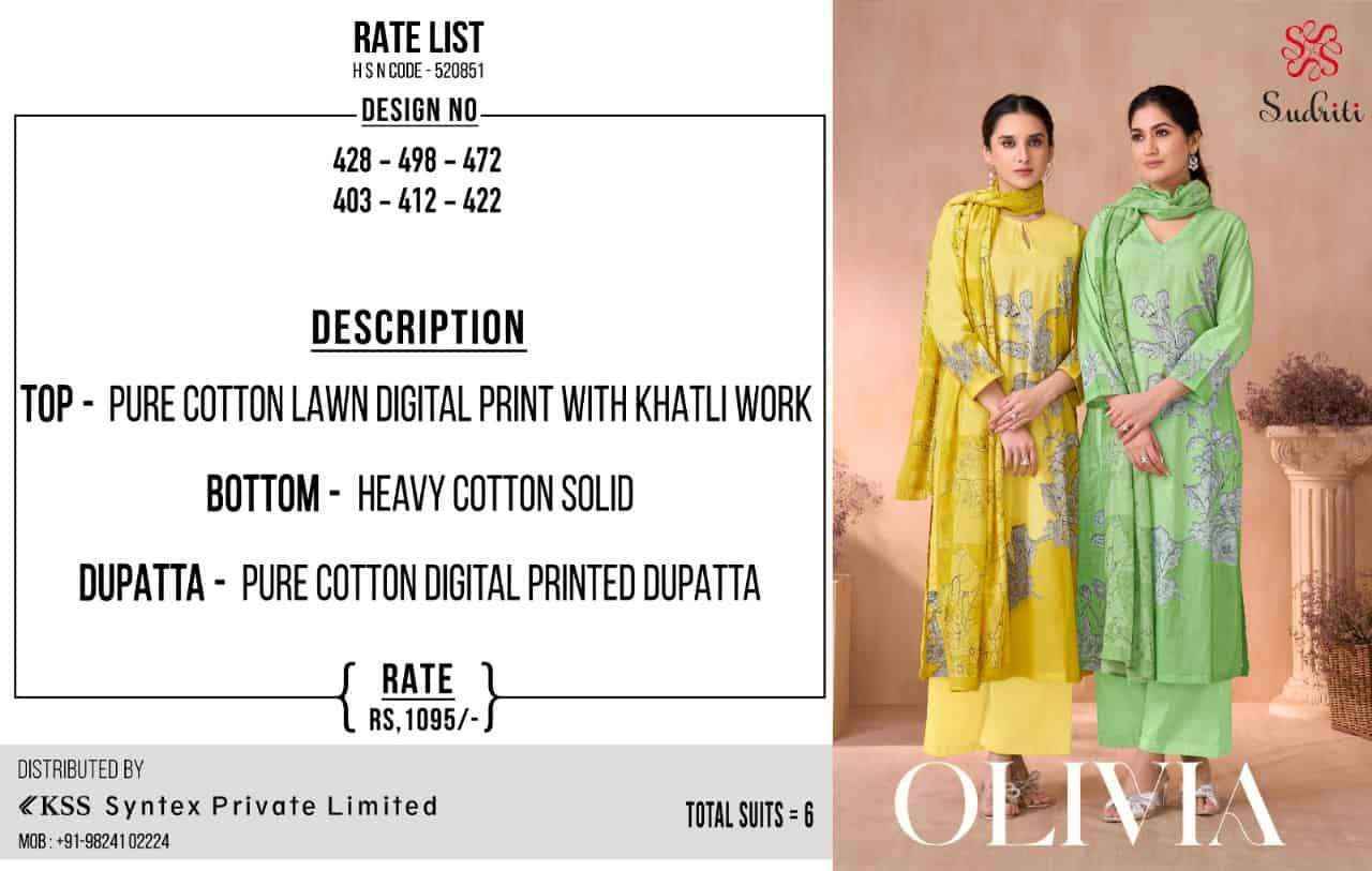 Sudriti Olivia Cotton Dress Material Collection ( 6 Pcs Catalog )