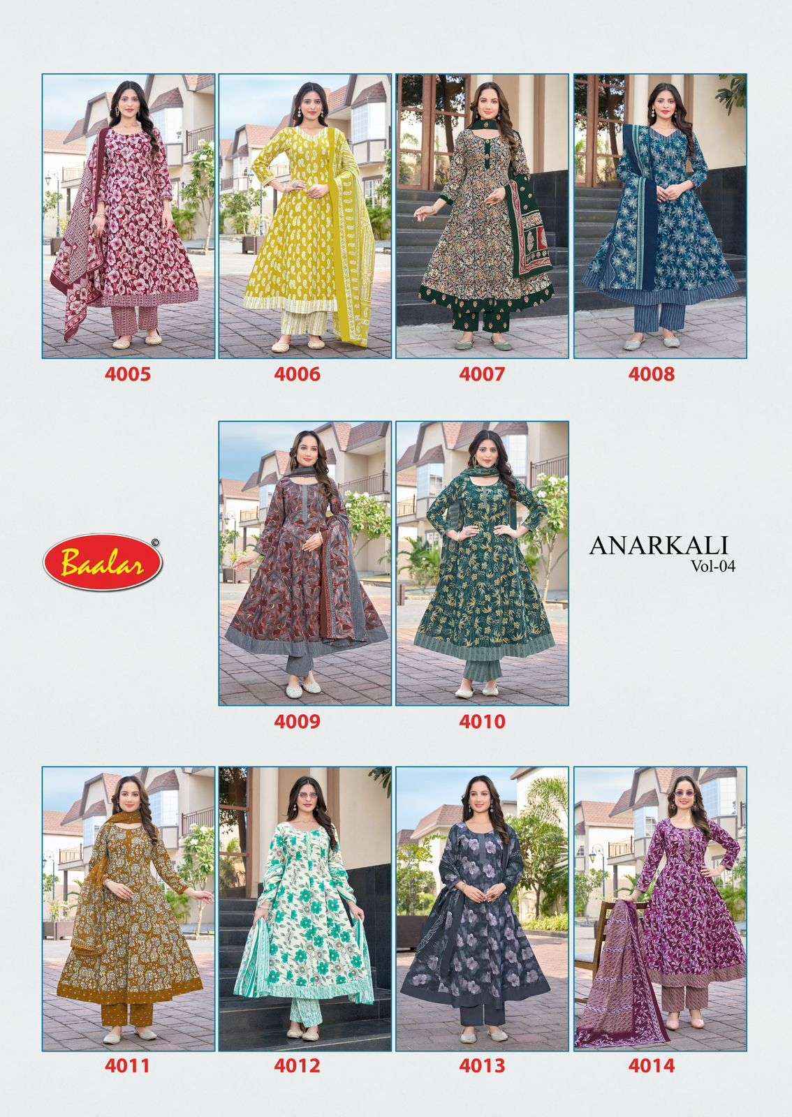 Baalar Anarkali Vol 4 Cotton Anarkali Top Bottom Dupatta Dupatta Set Collection ( 10 Pcs Catalog )