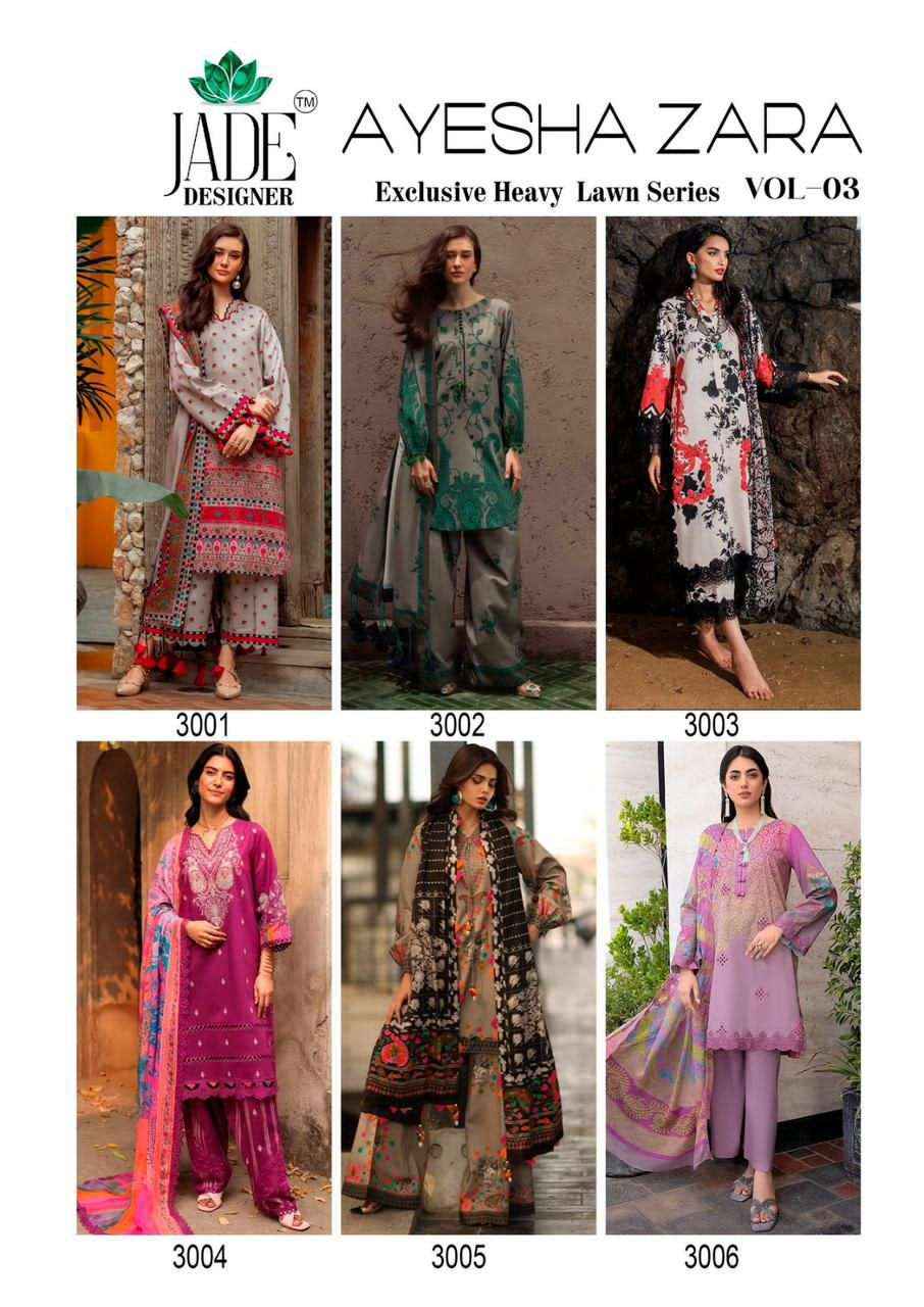 Jade Ayesha Zara Vol-3 Lawn Cotton Pakistani Dress Material Wholesale price ( 6 Pcs Set )