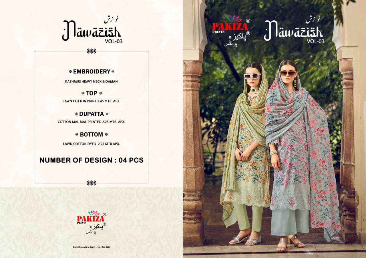 Pakiza Prints Nawazish Vol 3 Fancy Lawn Cotton Dress Material Collection ( 4 Pcs Catalog )
