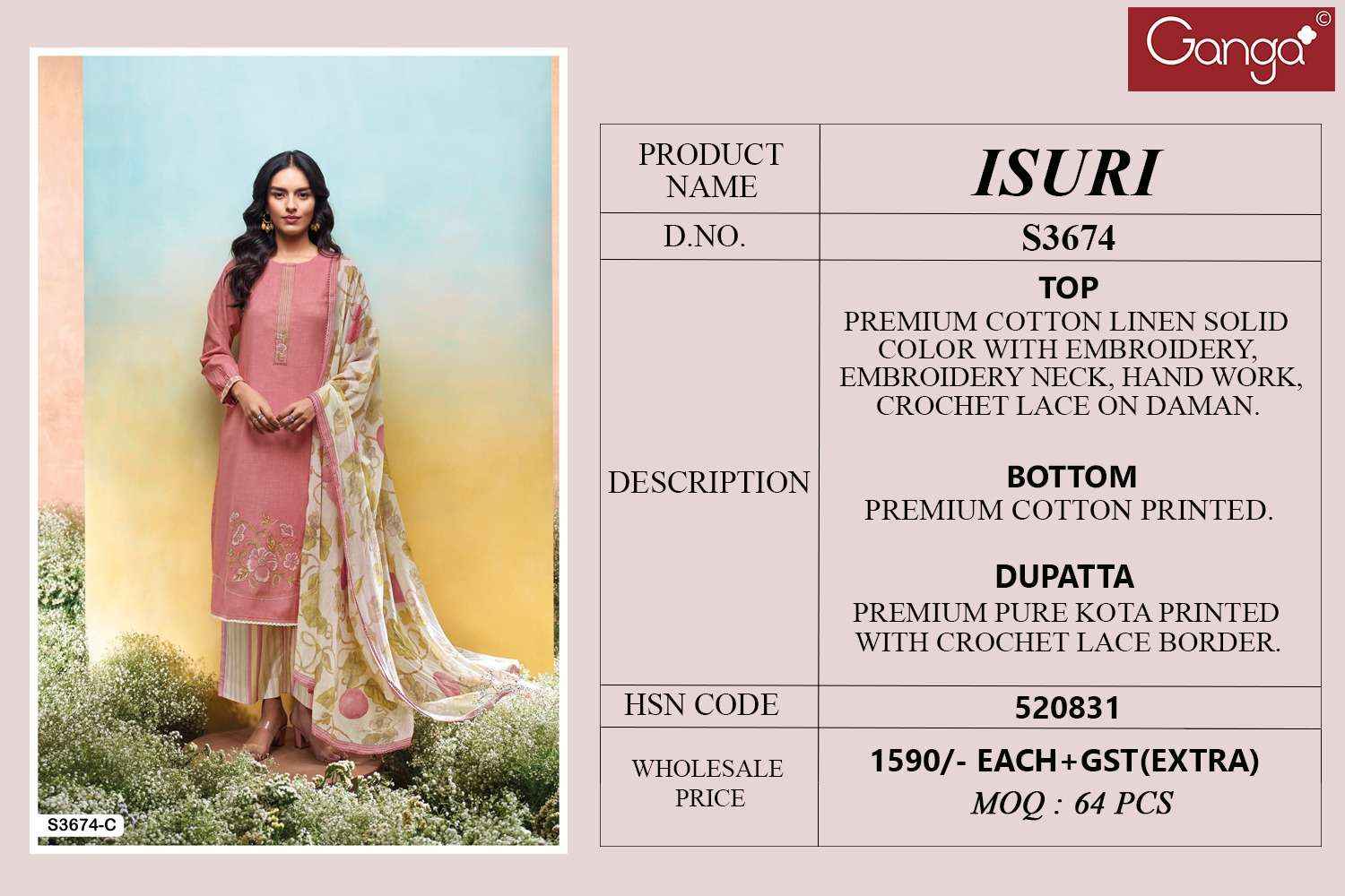 Ganga Fashion Isuri 3674 Premium Cotton Linen Suit Summer Collection ( 4 Pcs Catalog )