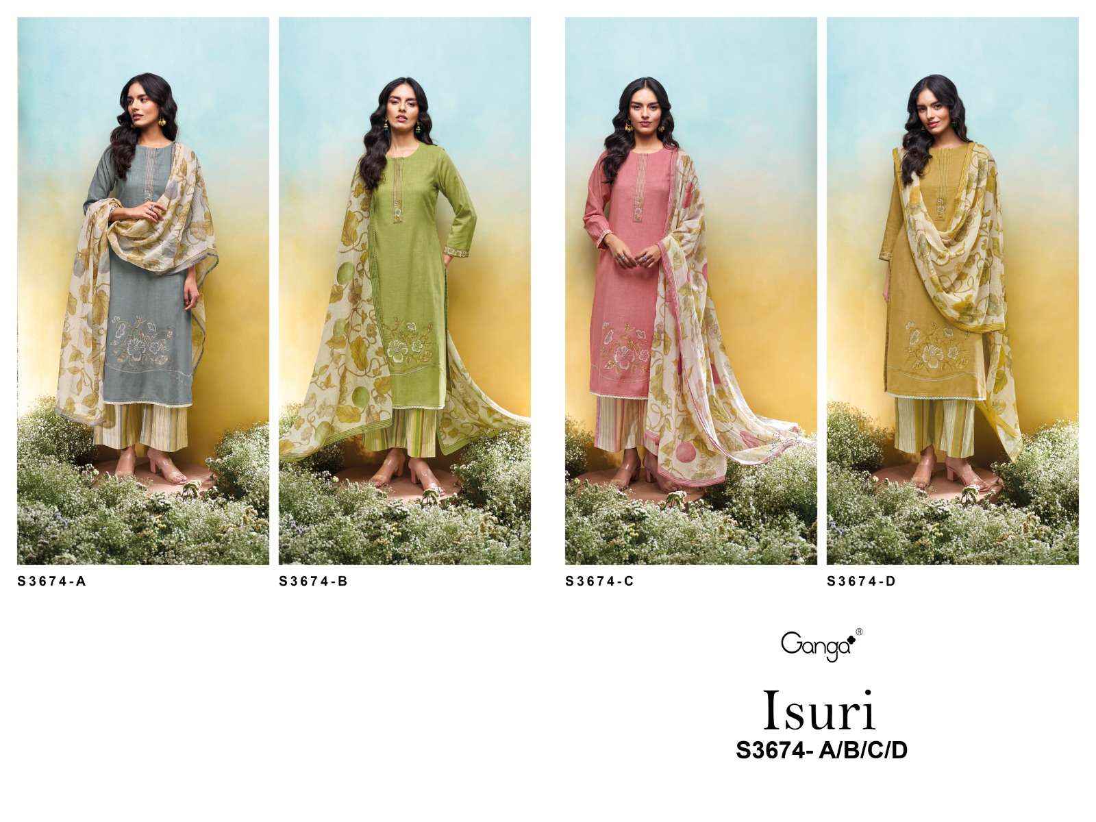 Ganga Fashion Isuri 3674 Premium Cotton Linen Suit Summer Collection ( 4 Pcs Catalog )