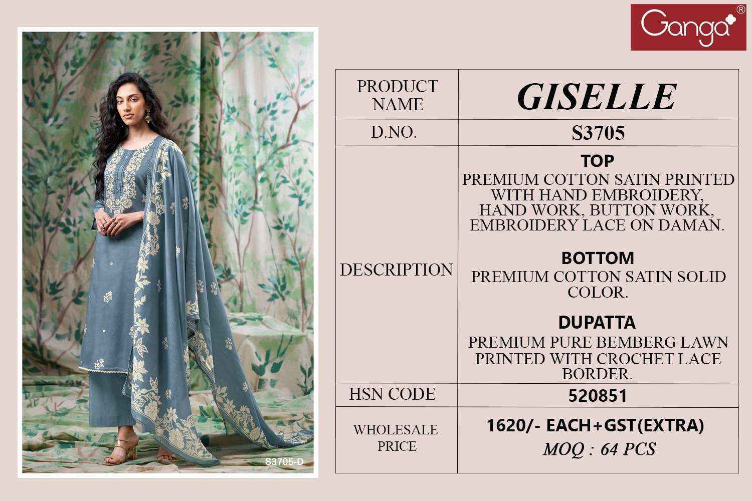 Ganga Giselle 3705 Cotton Satin Dress Material Collection ( 4 Pcs Catalog )