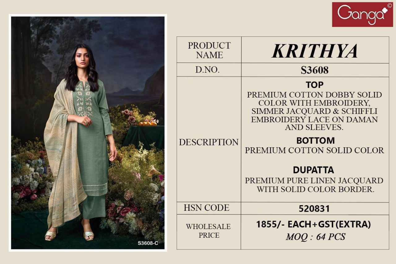 Ganga Krithya 3608 Cotton Dobby Dress Material Wholesale Rate ( 2 Pcs Catalog )