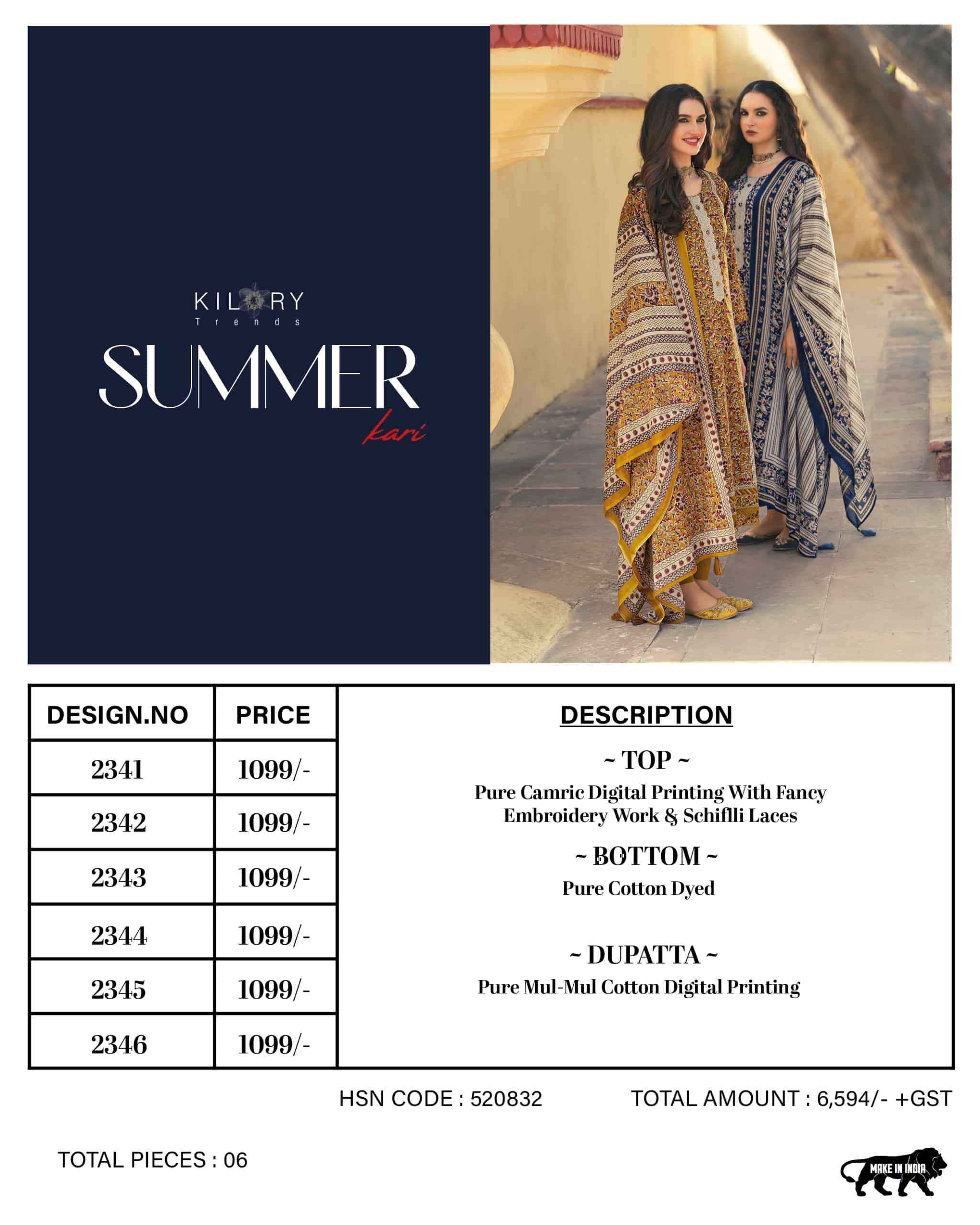 Kilory Summer Kari Pure Cotton Digital Printed Suit Collection ( 6 Pcs Catalog )