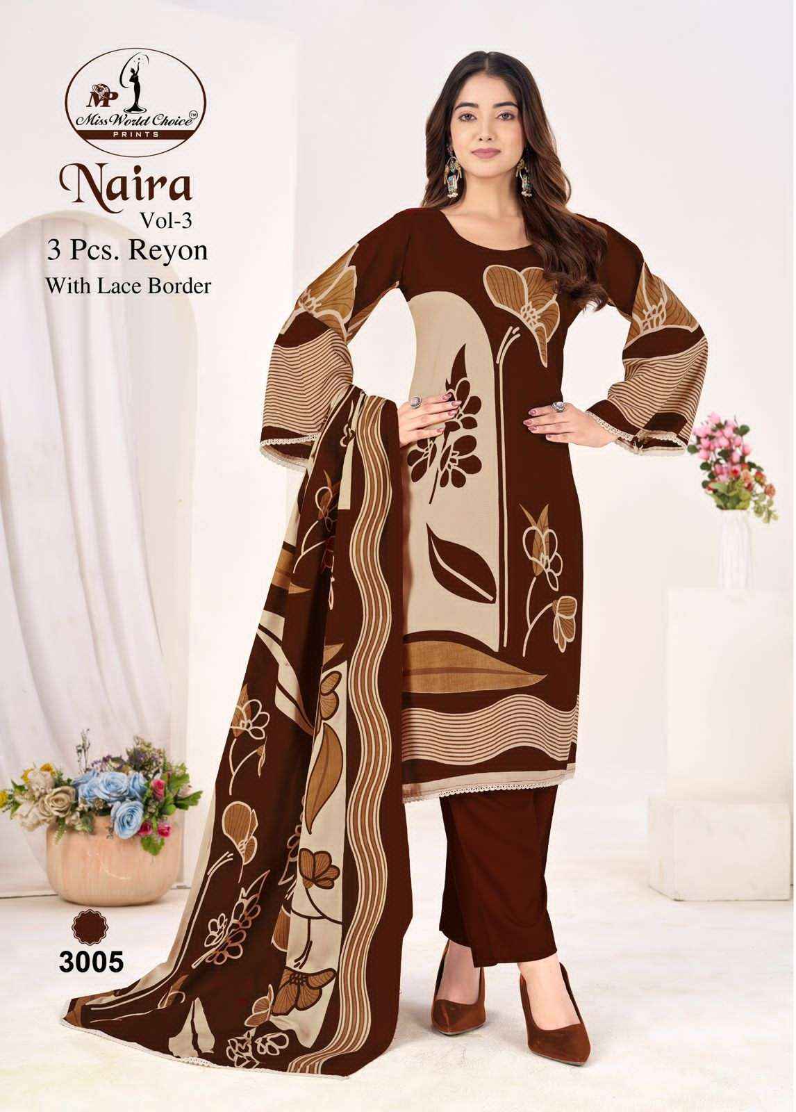 Miss World Choice Naira Vol 3 Fancy Rayon Suit Wholesale Price ( 5 Pcs Catalogue )
