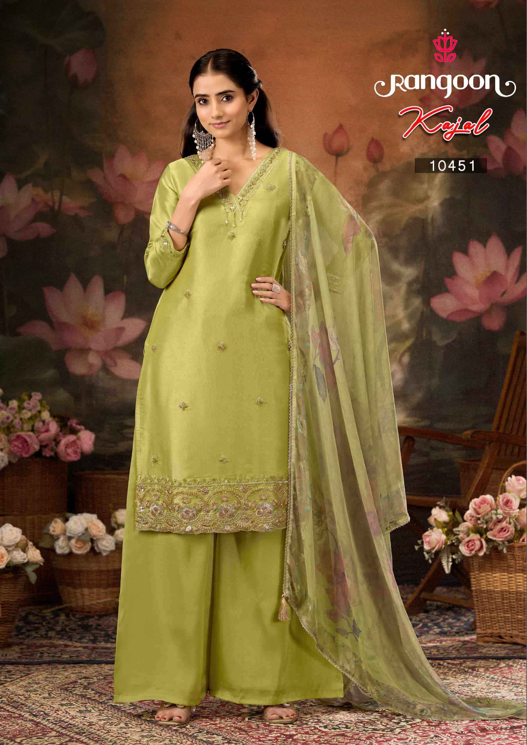 Rangoon Kajal Fancy 3 Piece Diver Palazzo Suit Collection ( 4 Pcs Catalog )