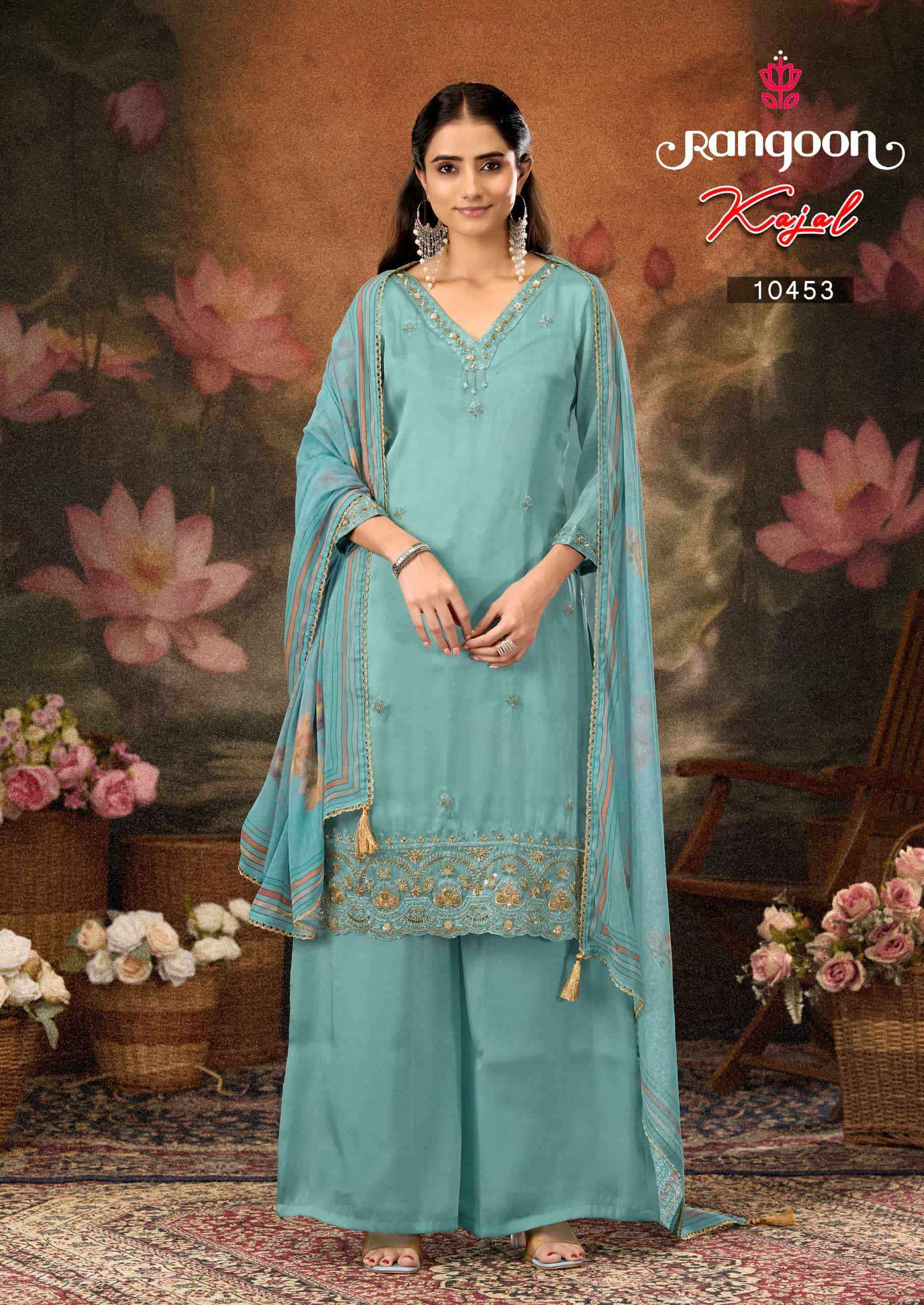 Rangoon Kajal Fancy 3 Piece Diver Palazzo Suit Collection ( 4 Pcs Catalog )