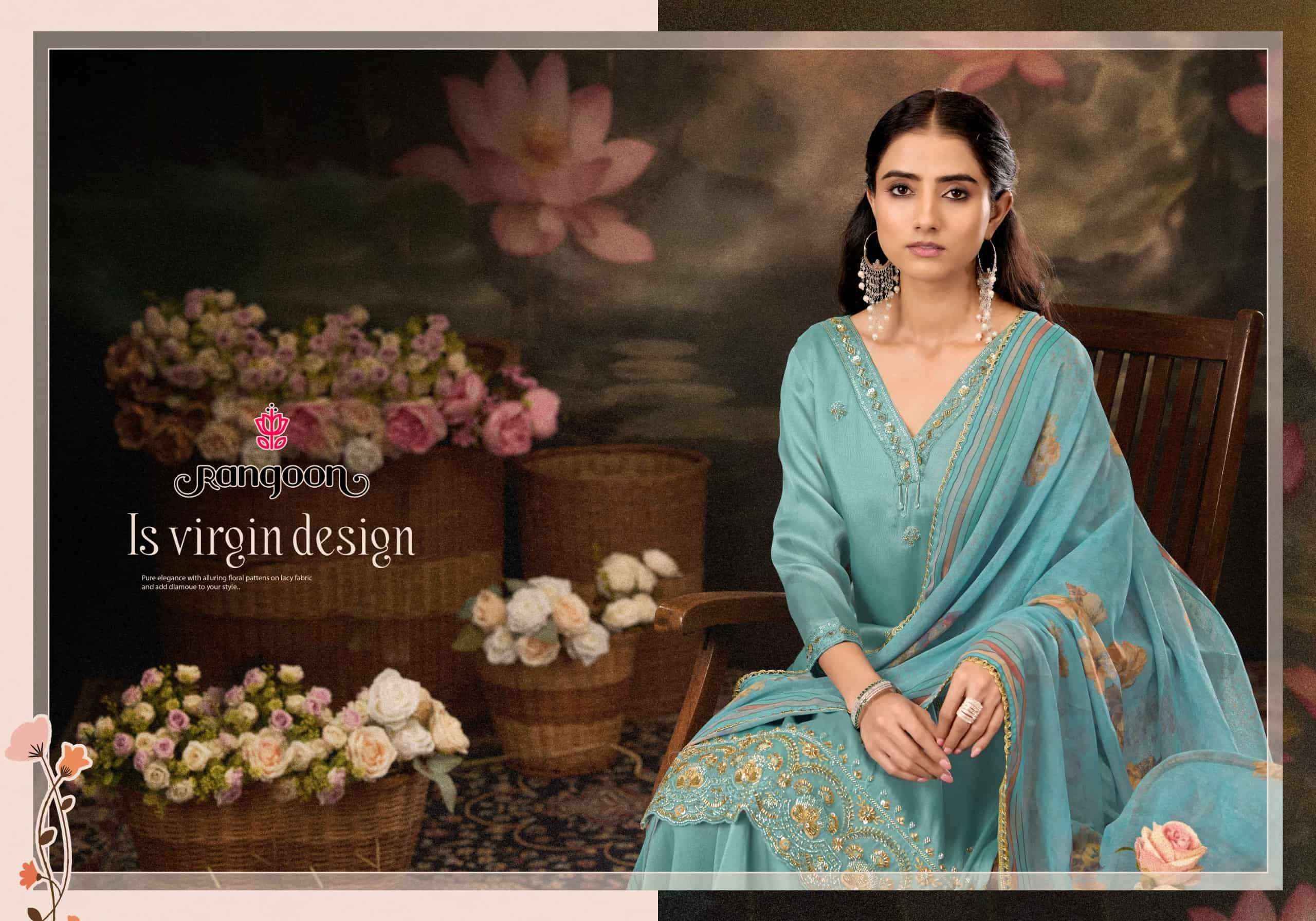 Rangoon Kajal Fancy 3 Piece Diver Palazzo Suit Collection ( 4 Pcs Catalog )