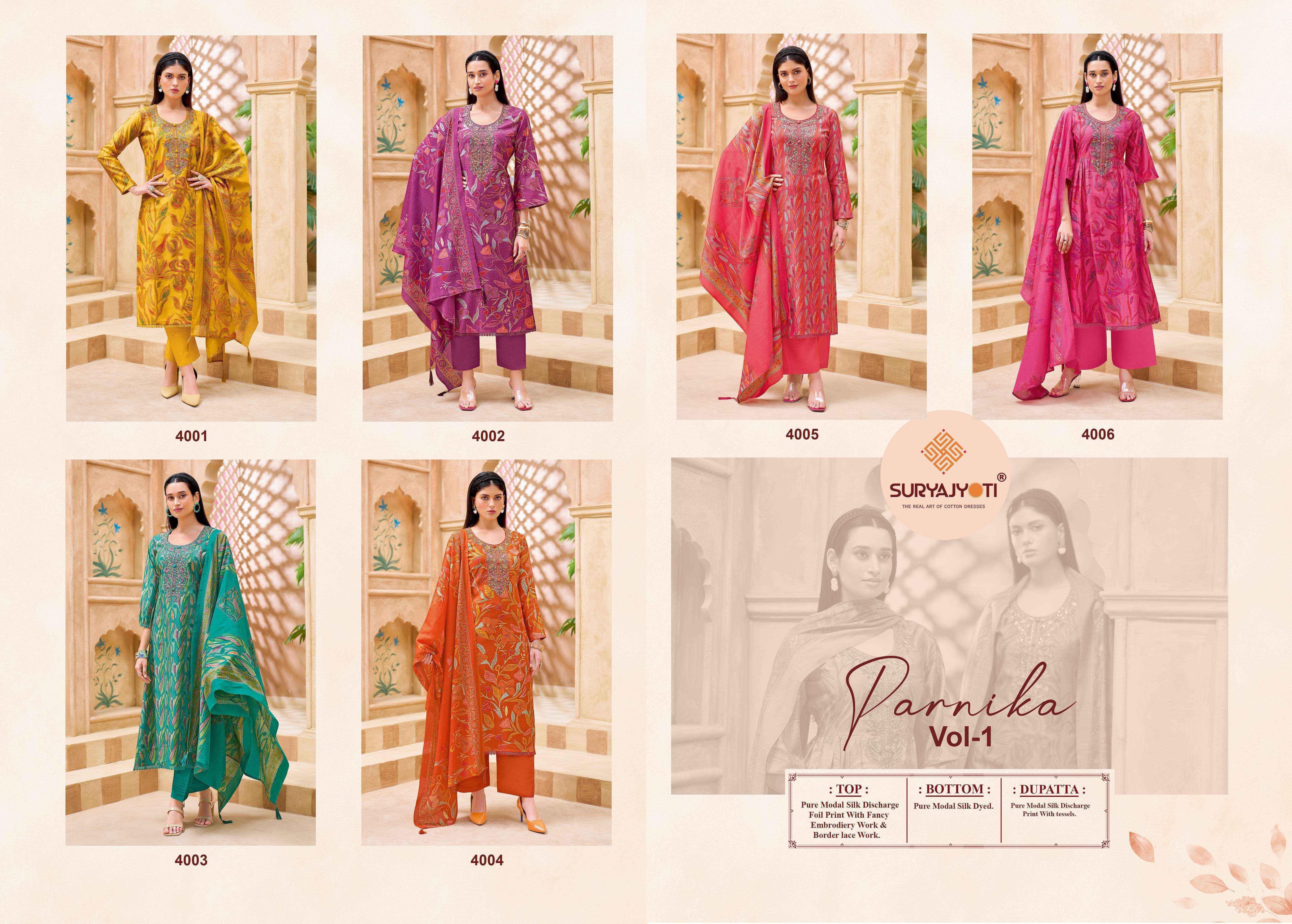 Suryajyoti Parnika Vol 1 Modal Silk Dress Material Wholesale Collection ( 6 Pcs Catalog )