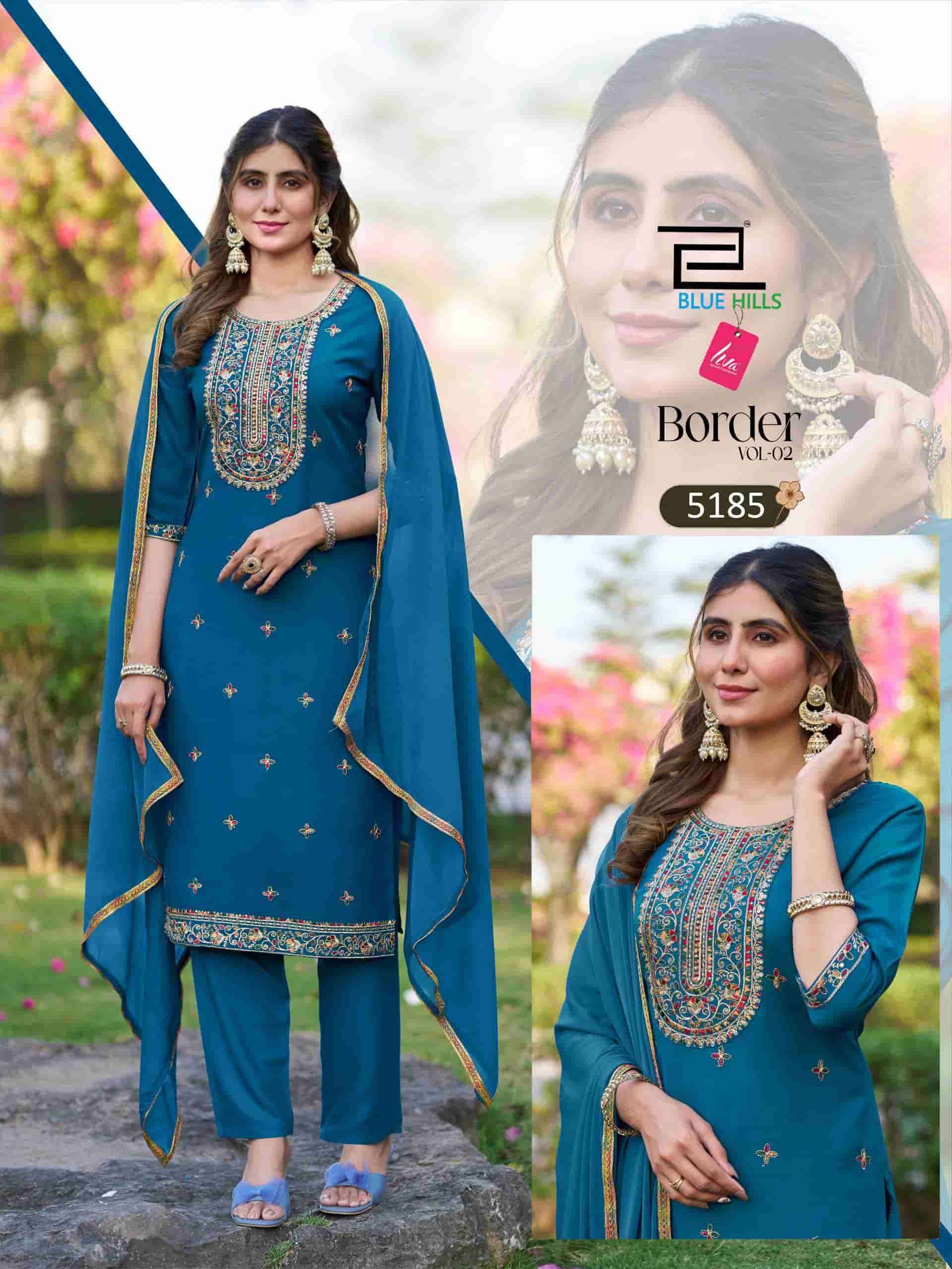 Blue Hills Border Vol 2 Premium Style Kurti Pant Dupatta Set Collection ( 5 Pcs Catalog )