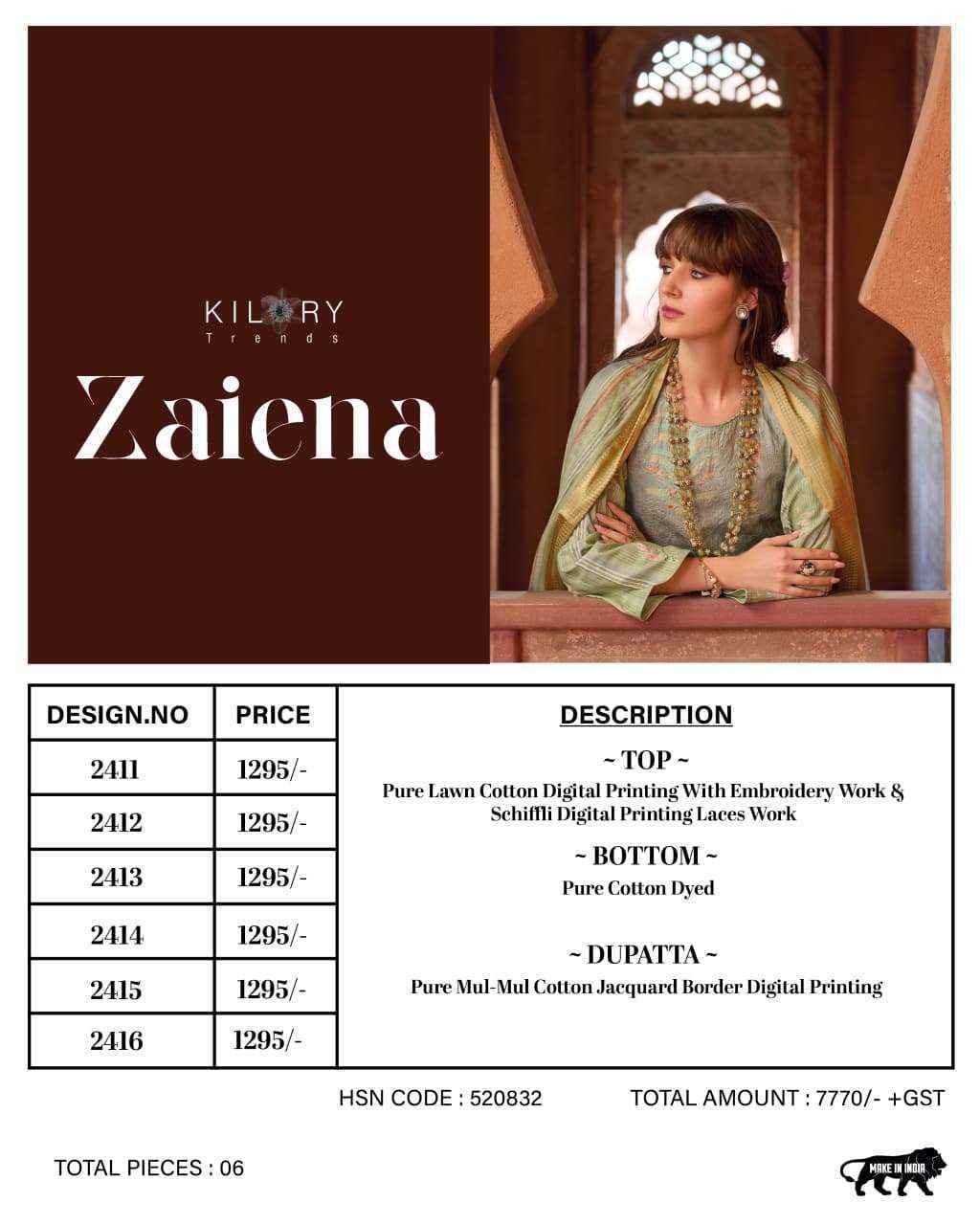 Kilory Trends Zaiena Lawn Cotton Dress Material Wholesale Collection ( 6 Pcs Catalog )